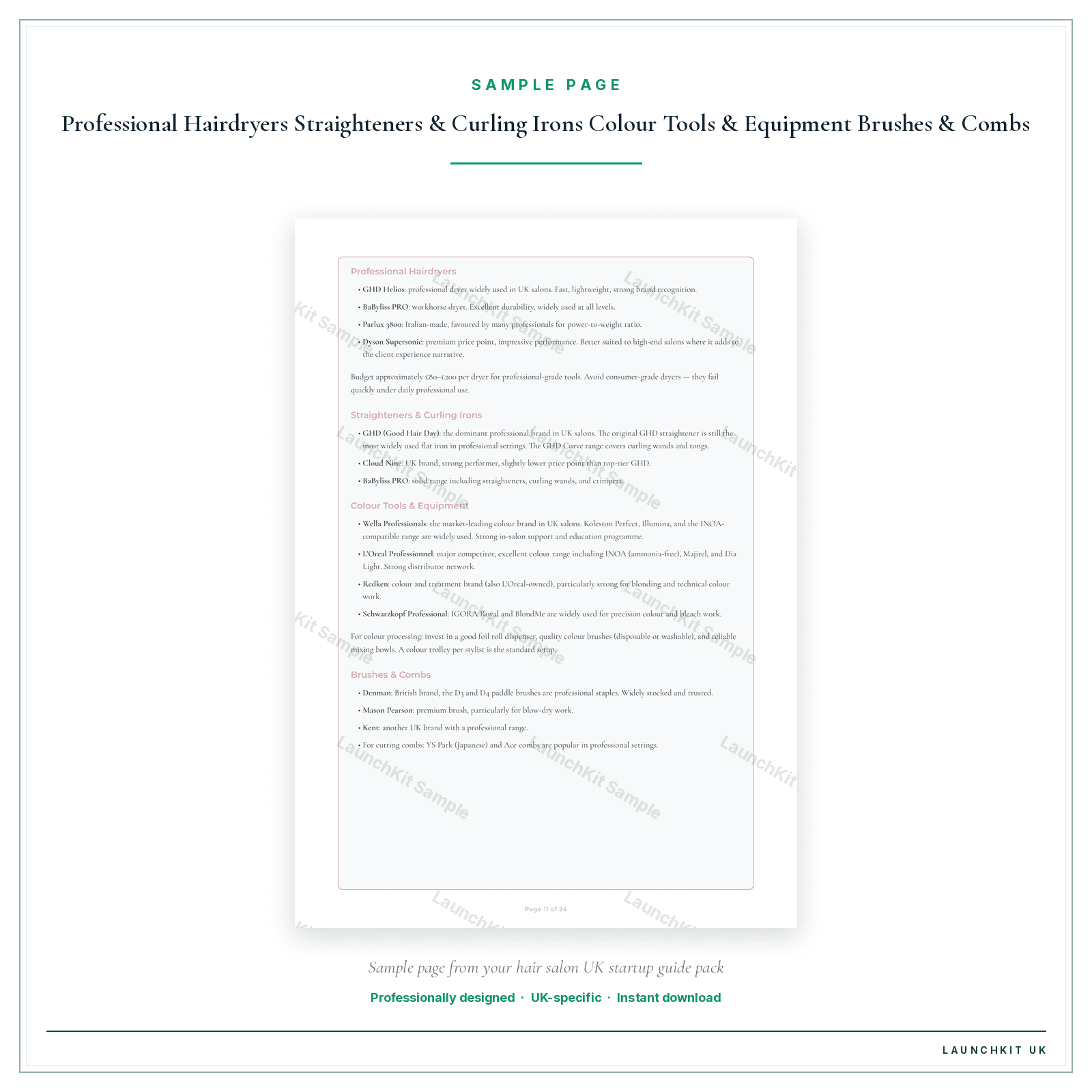 Professional Hairdryers Straighteners & Curling Irons Colour Tools & Equipment Brushes & Combs sample page from the Hair Salon Startup Guide pack — watermarked LaunchKit Sample