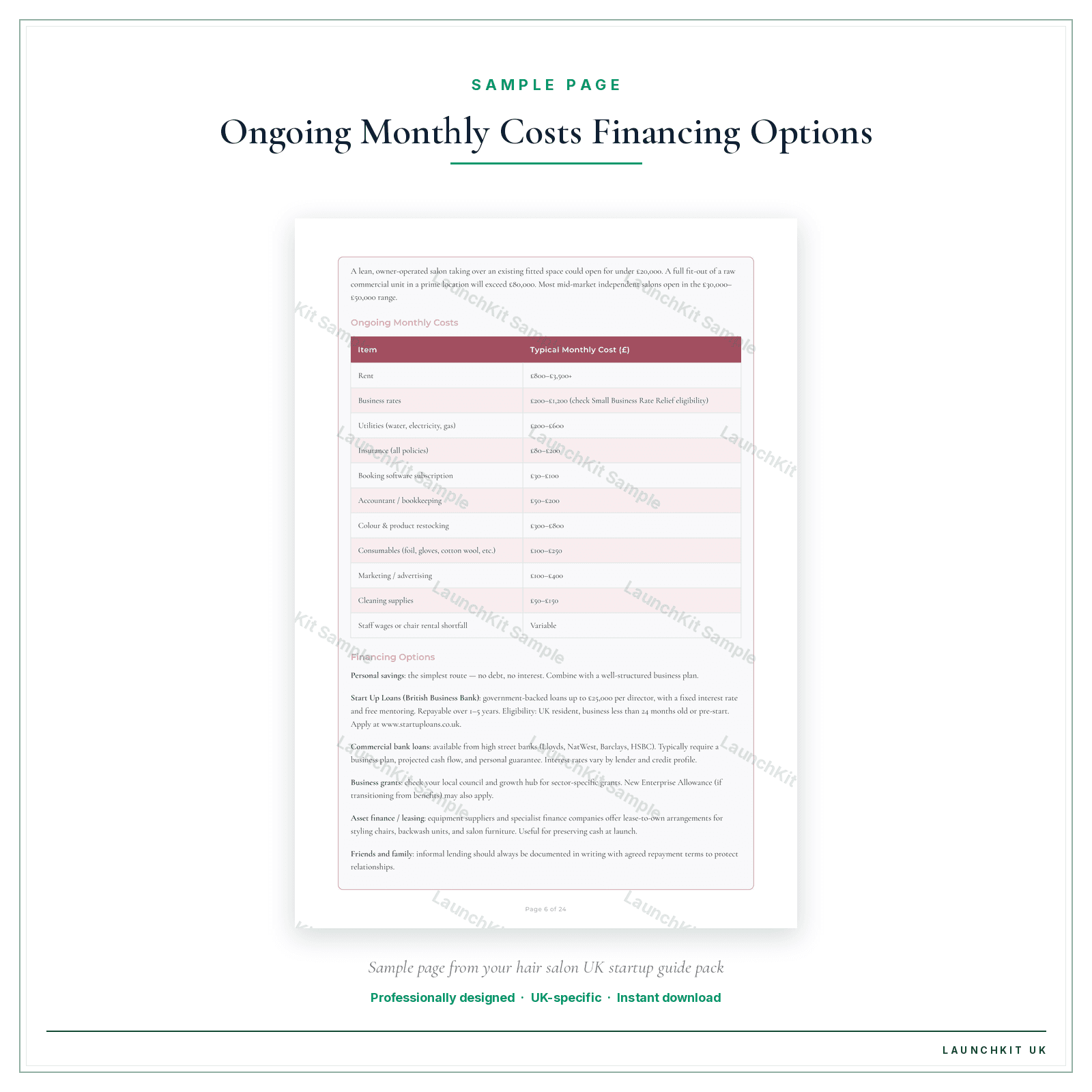 Ongoing Monthly Costs Financing Options sample page from the Hair Salon Startup Guide pack — watermarked LaunchKit Sample