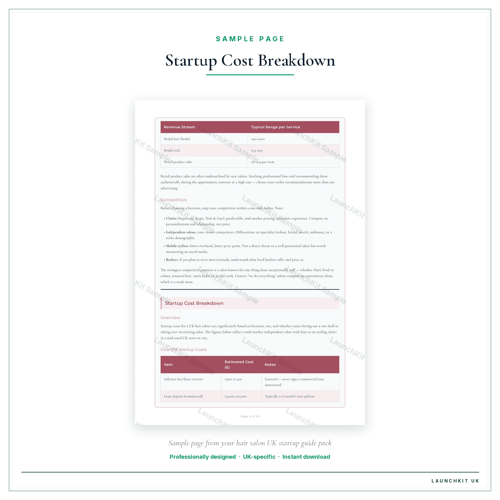 Startup Cost Breakdown sample page from the Hair Salon Startup Guide pack — watermarked LaunchKit Sample