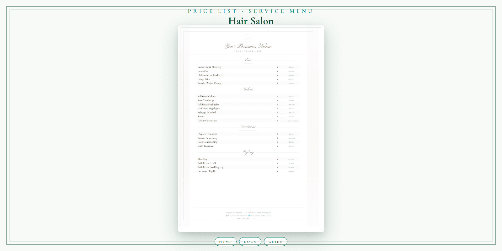 Hair Salon — Price List & Service Menu, PDF product overview
