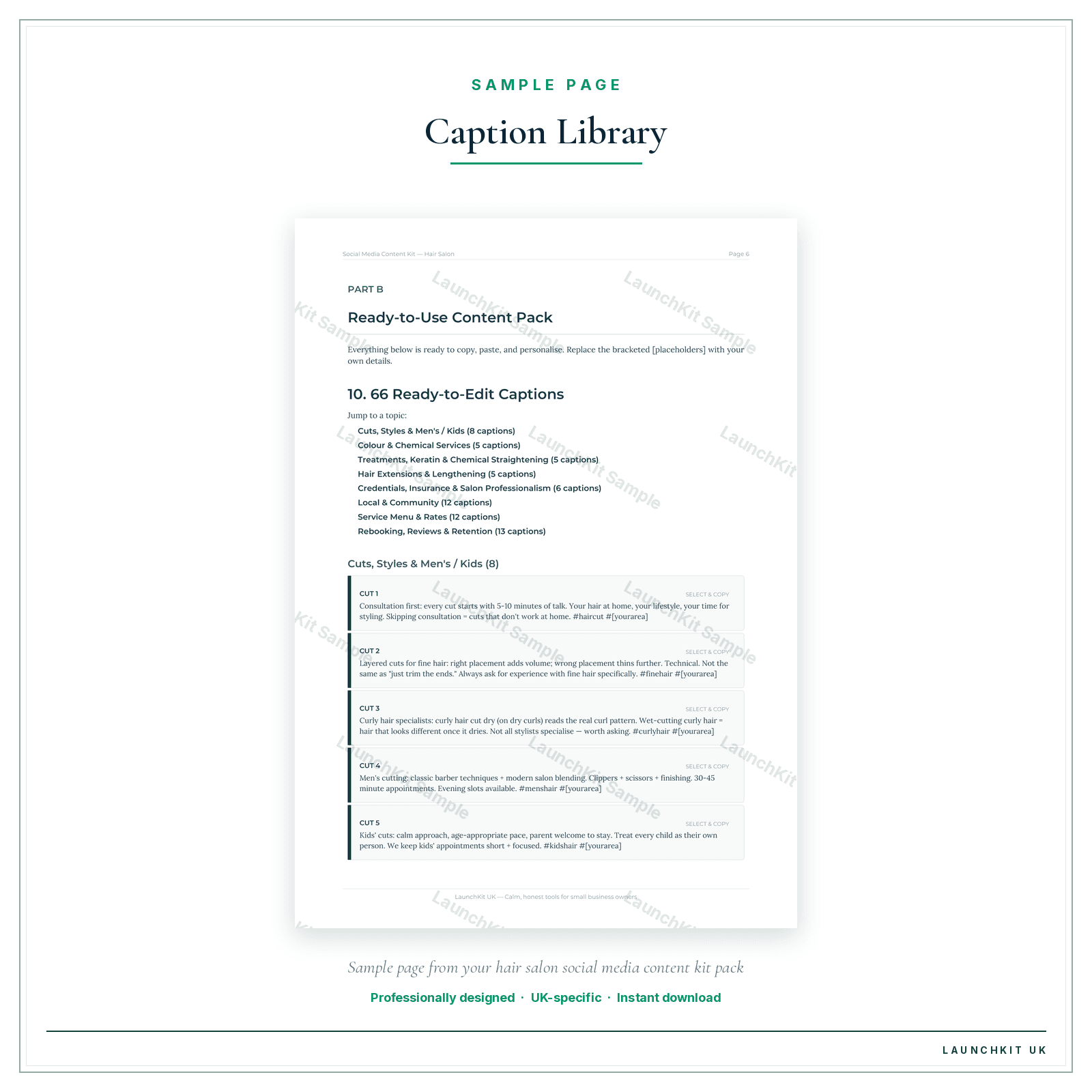 Caption Library sample page from the Hair Salon Social Media Content Kit pack — watermarked LaunchKit Sample