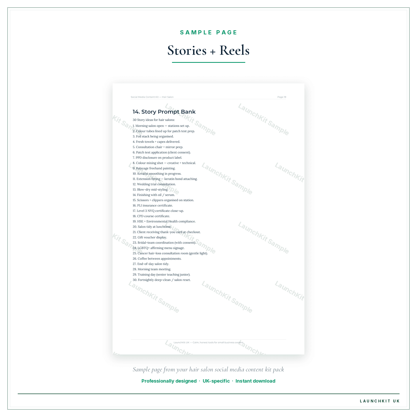 Stories + Reels sample page from the Hair Salon Social Media Content Kit pack — watermarked LaunchKit Sample