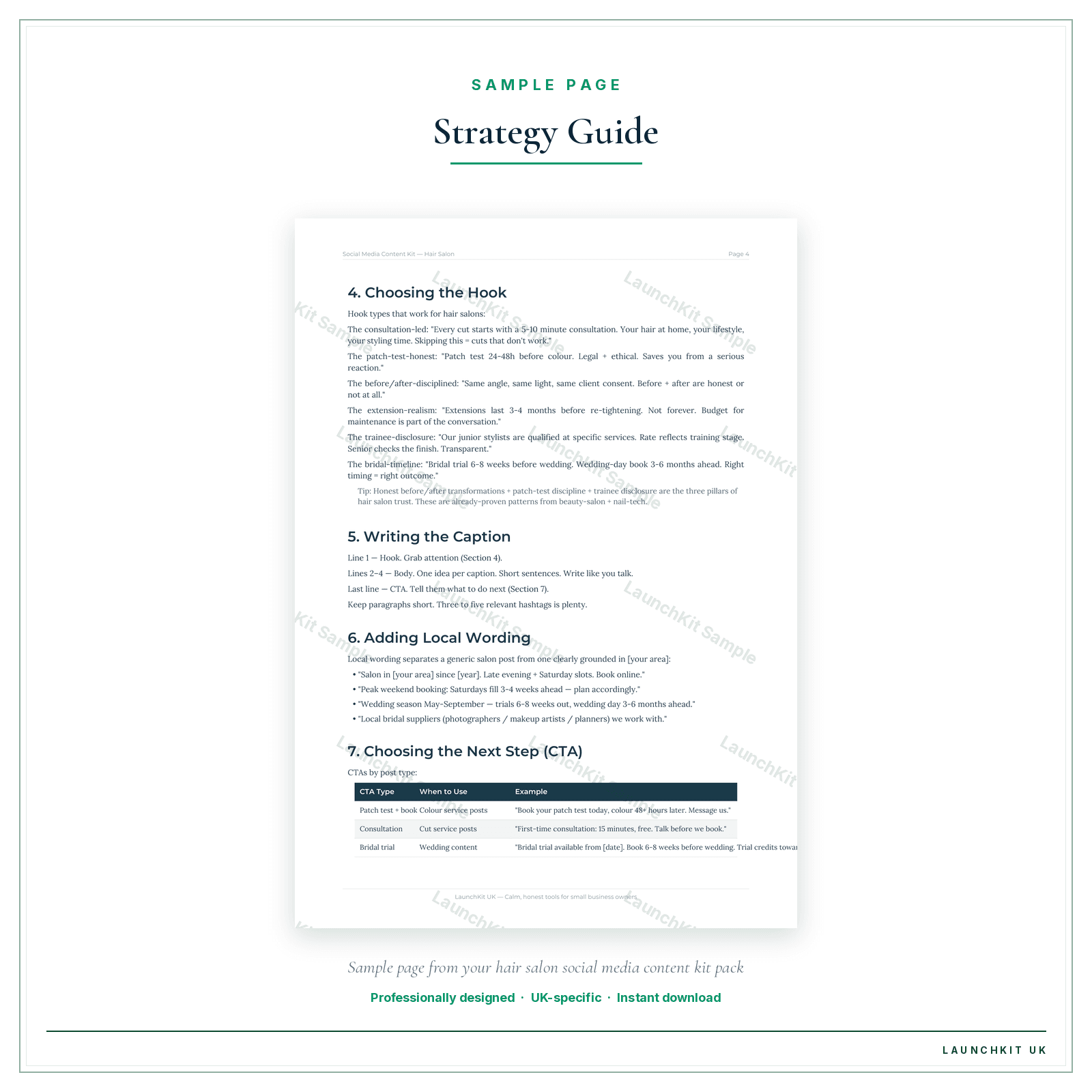 Strategy Guide sample page from the Hair Salon Social Media Content Kit pack — watermarked LaunchKit Sample