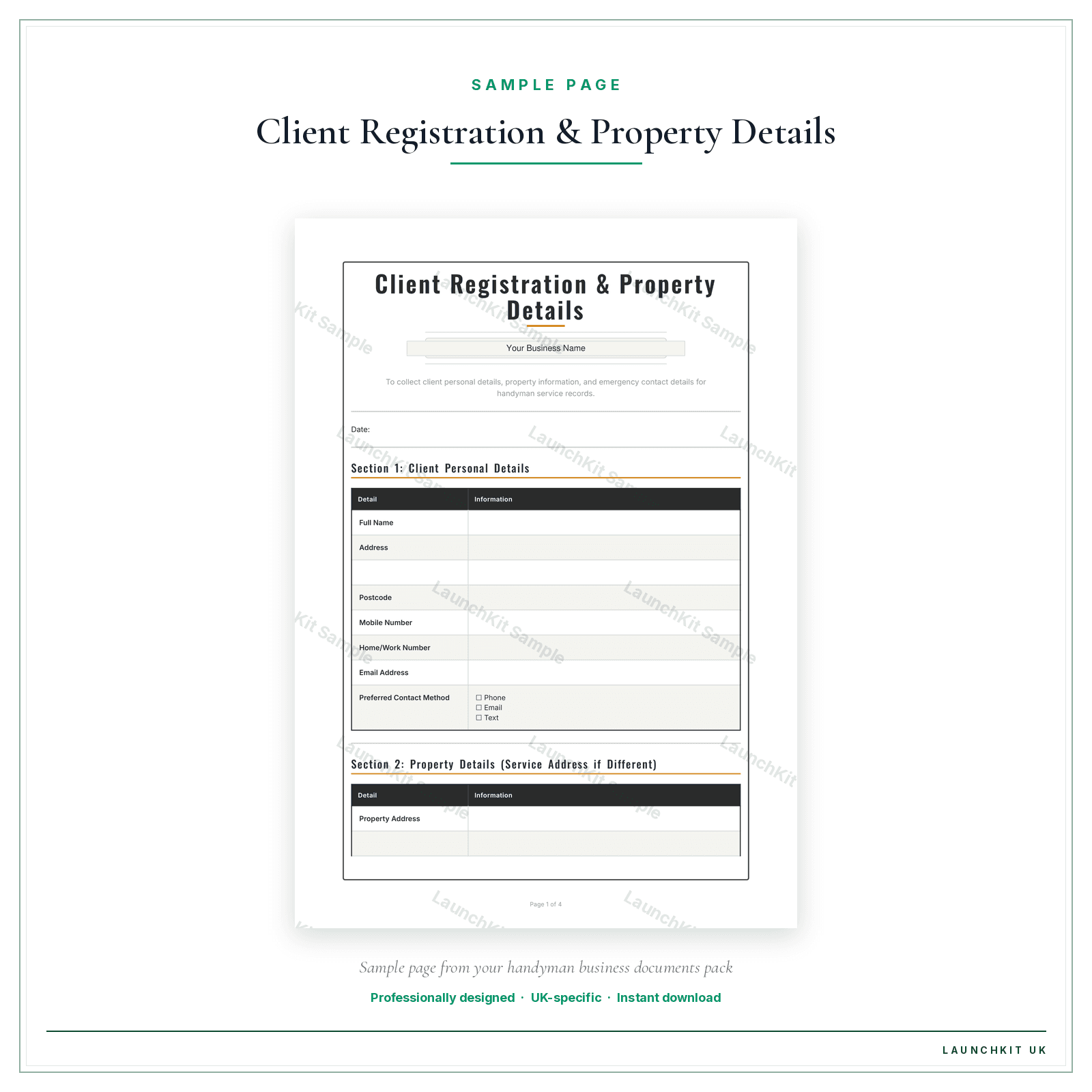 Client Registration & Property Details sample page from the Handyman Business Documents — Premium pack — watermarked LaunchKit Sample