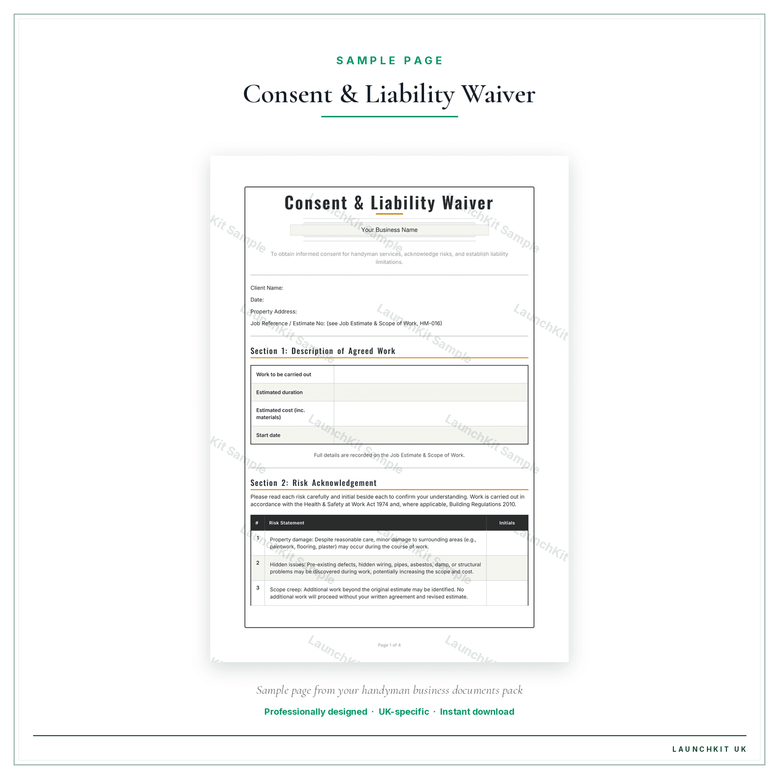 Consent & Liability Waiver sample page from the Handyman Business Documents — Premium pack — watermarked LaunchKit Sample