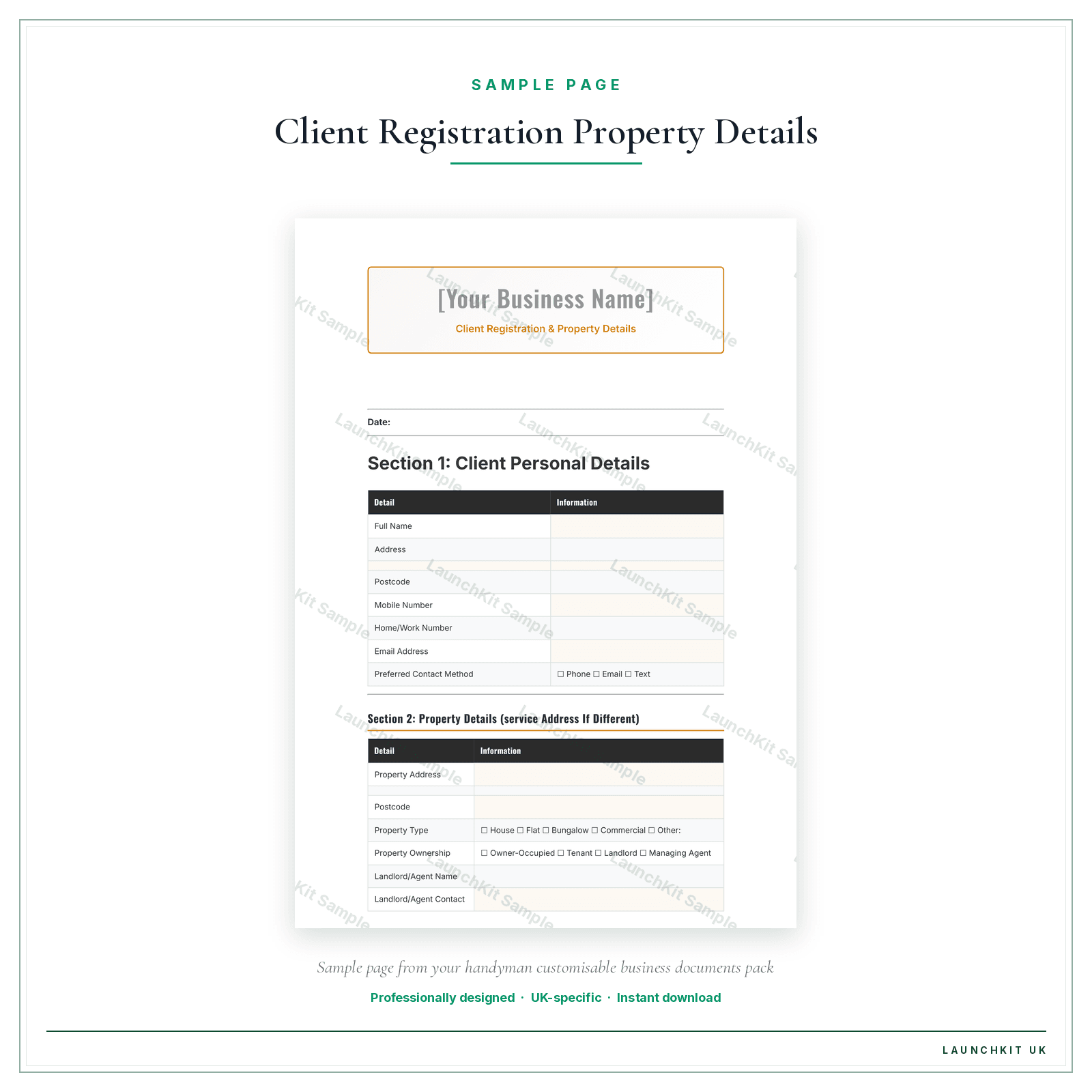 Client Registration & Property Details sample page from the Handyman Business Documents — Customisable pack — watermarked LaunchKit Sample