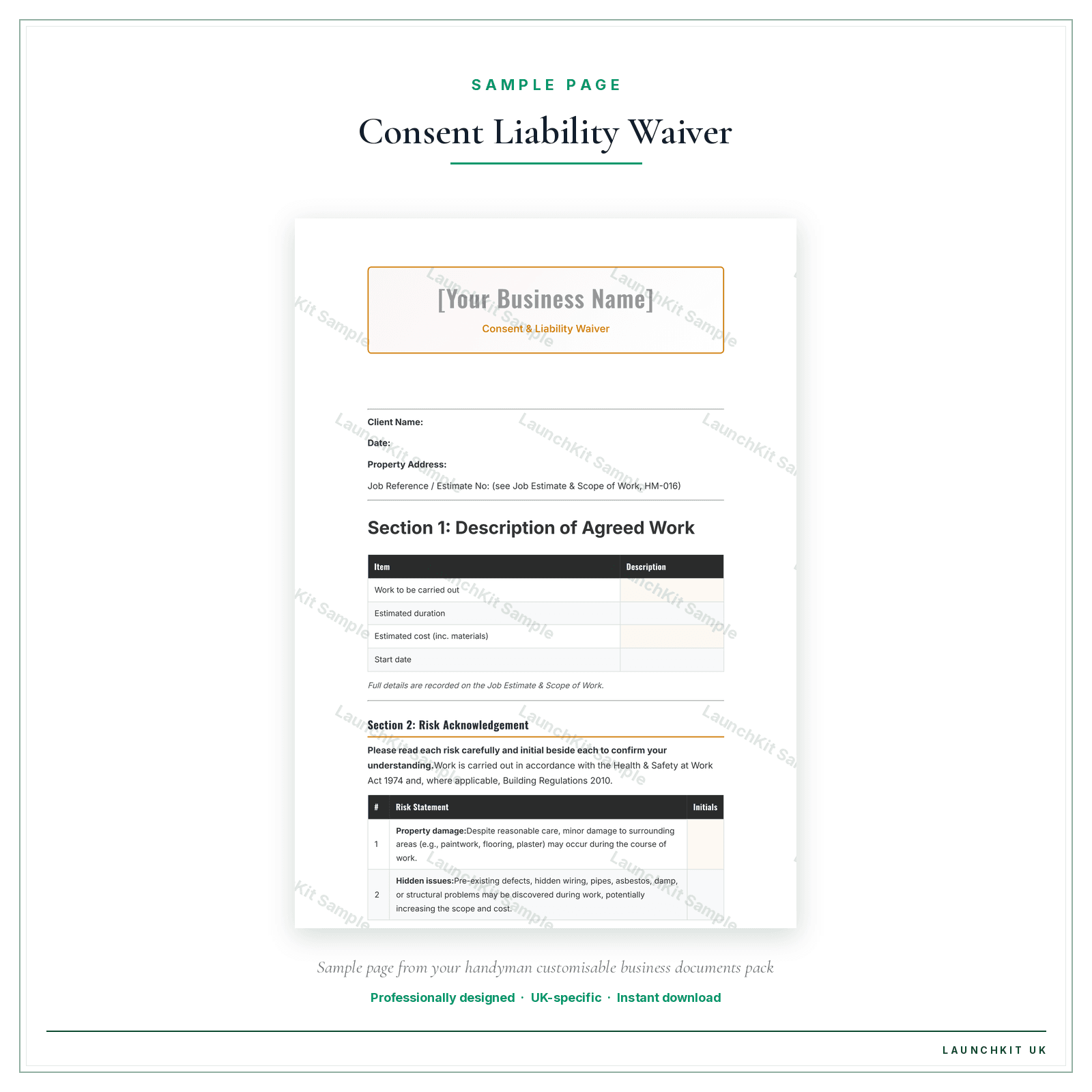 Consent & Liability Waiver sample page from the Handyman Business Documents — Customisable pack — watermarked LaunchKit Sample