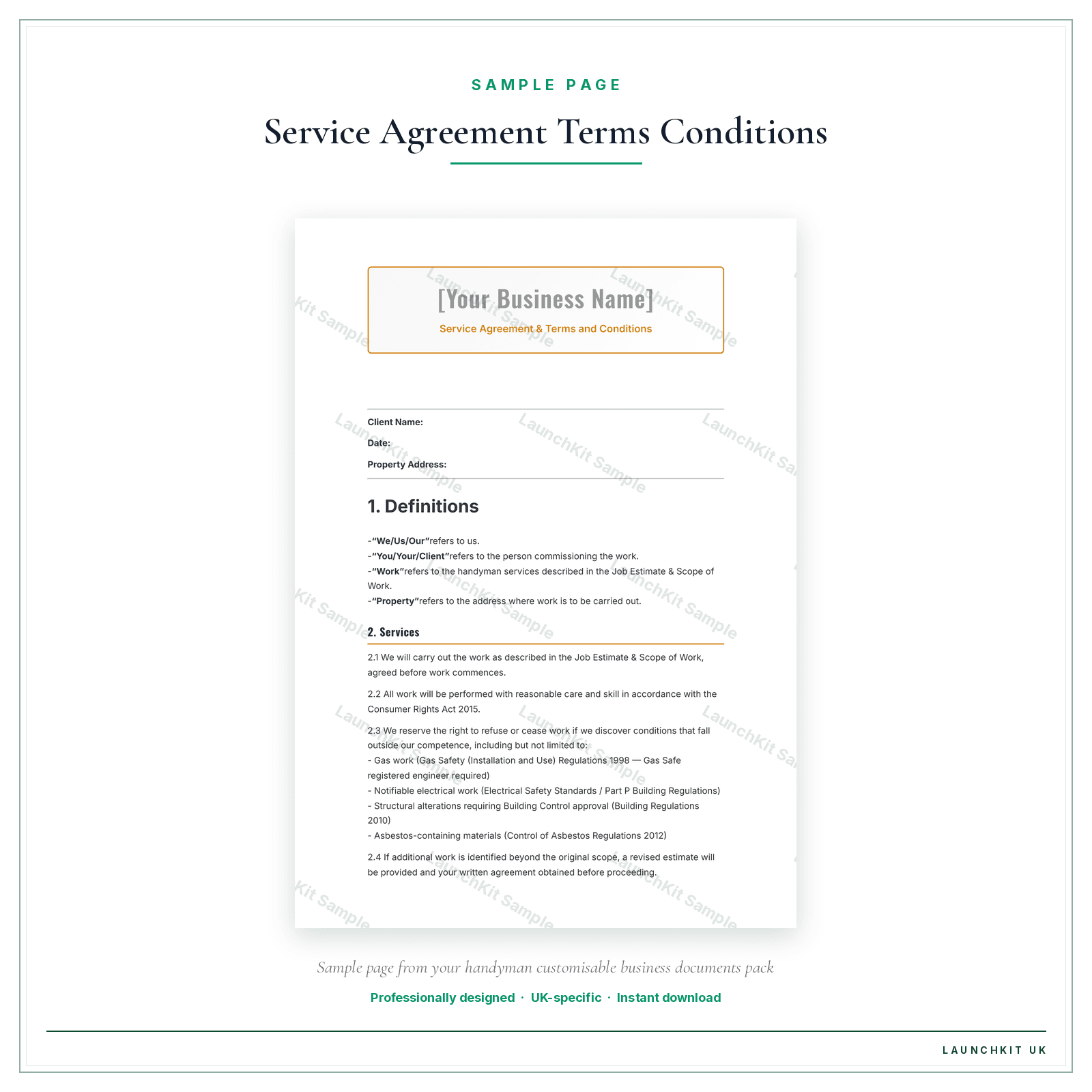 Service Agreement & Terms and Conditions sample page from the Handyman Business Documents — Customisable pack — watermarked LaunchKit Sample