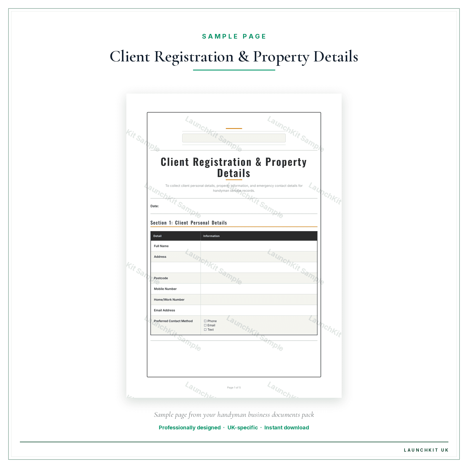 Client Registration & Property Details sample page from the Handyman Business Documents — Essential pack — watermarked LaunchKit Sample
