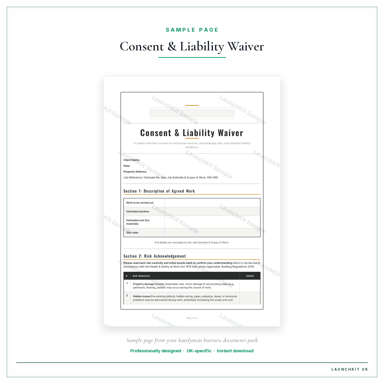 Consent & Liability Waiver sample page from the Handyman Business Documents — Essential pack — watermarked LaunchKit Sample