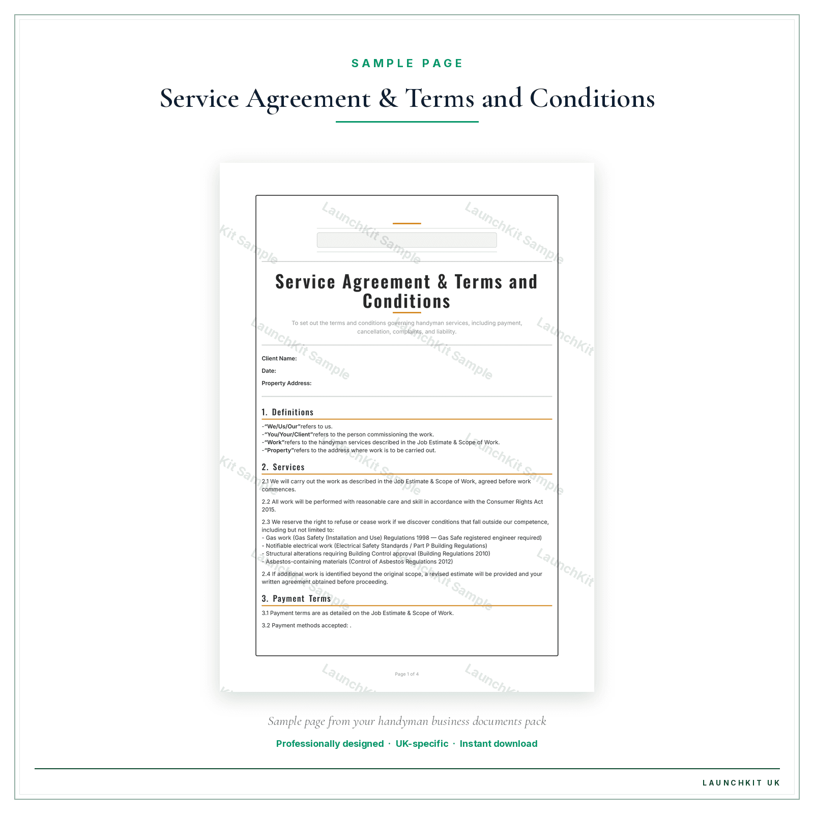 Service Agreement & Terms and Conditions sample page from the Handyman Business Documents — Essential pack — watermarked LaunchKit Sample