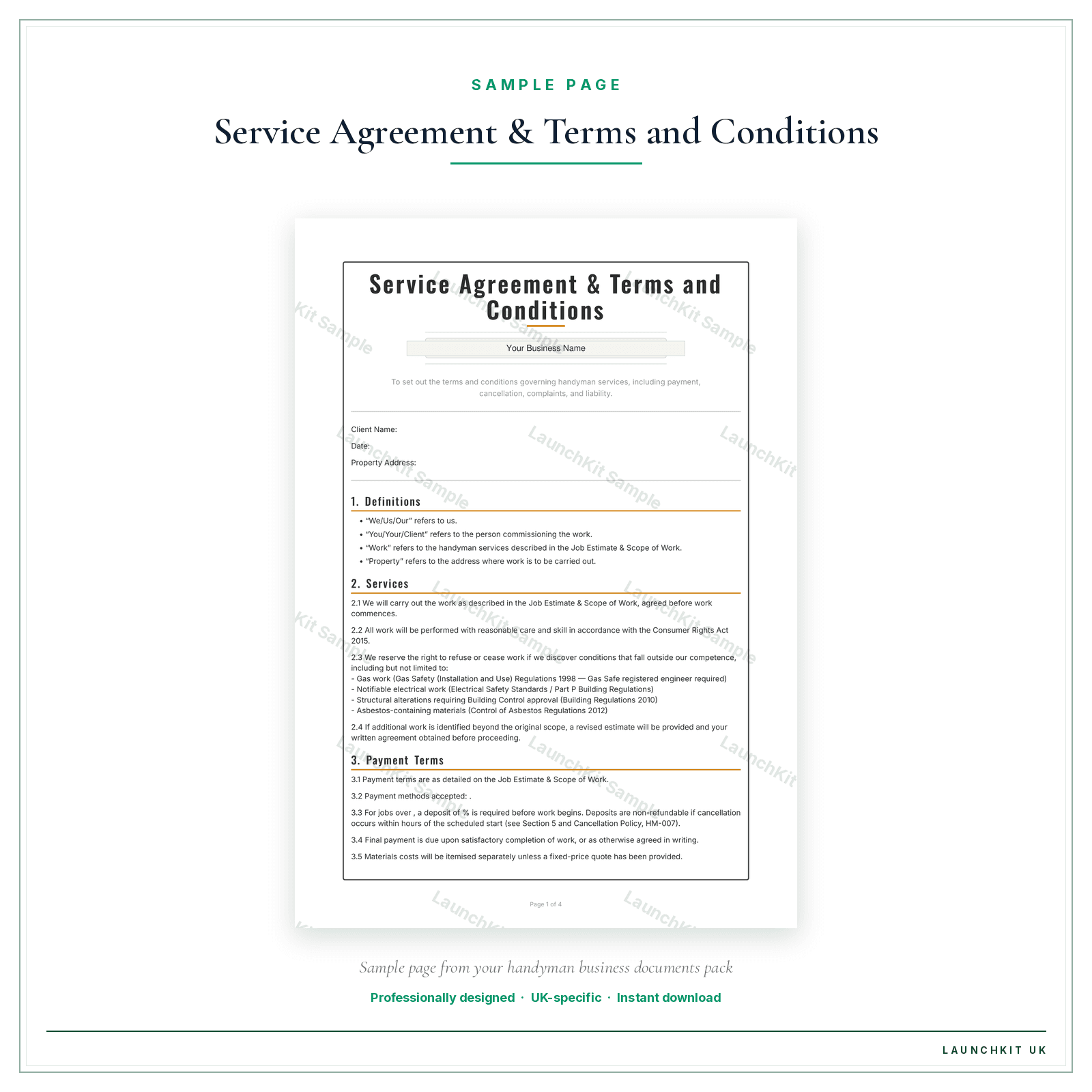 Service Agreement & Terms and Conditions sample page from the Handyman Business Documents — Standard pack — watermarked LaunchKit Sample