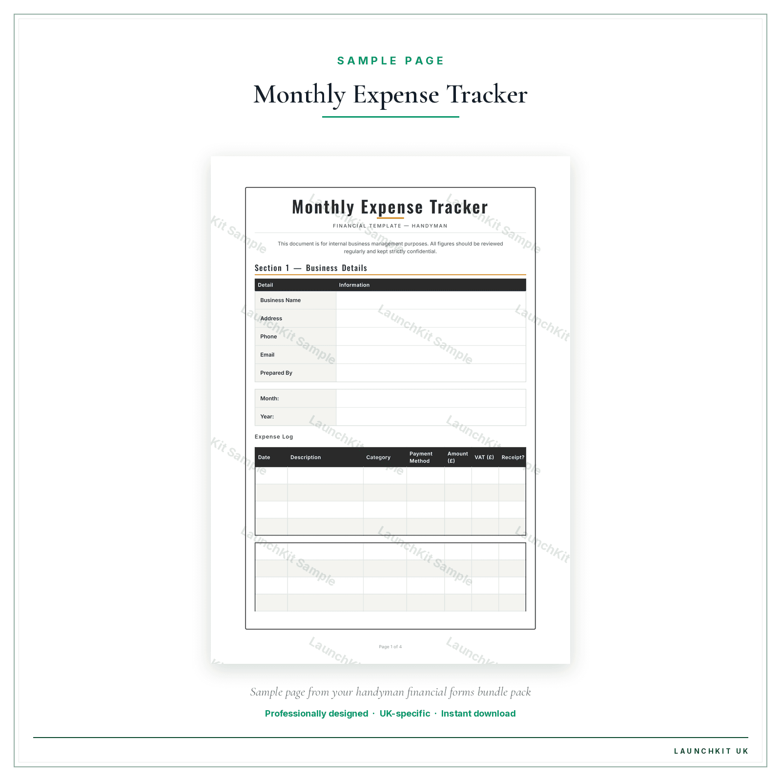 Monthly Expense Tracker sample page from the Handyman Financial Forms Bundle — Premium pack — watermarked LaunchKit Sample