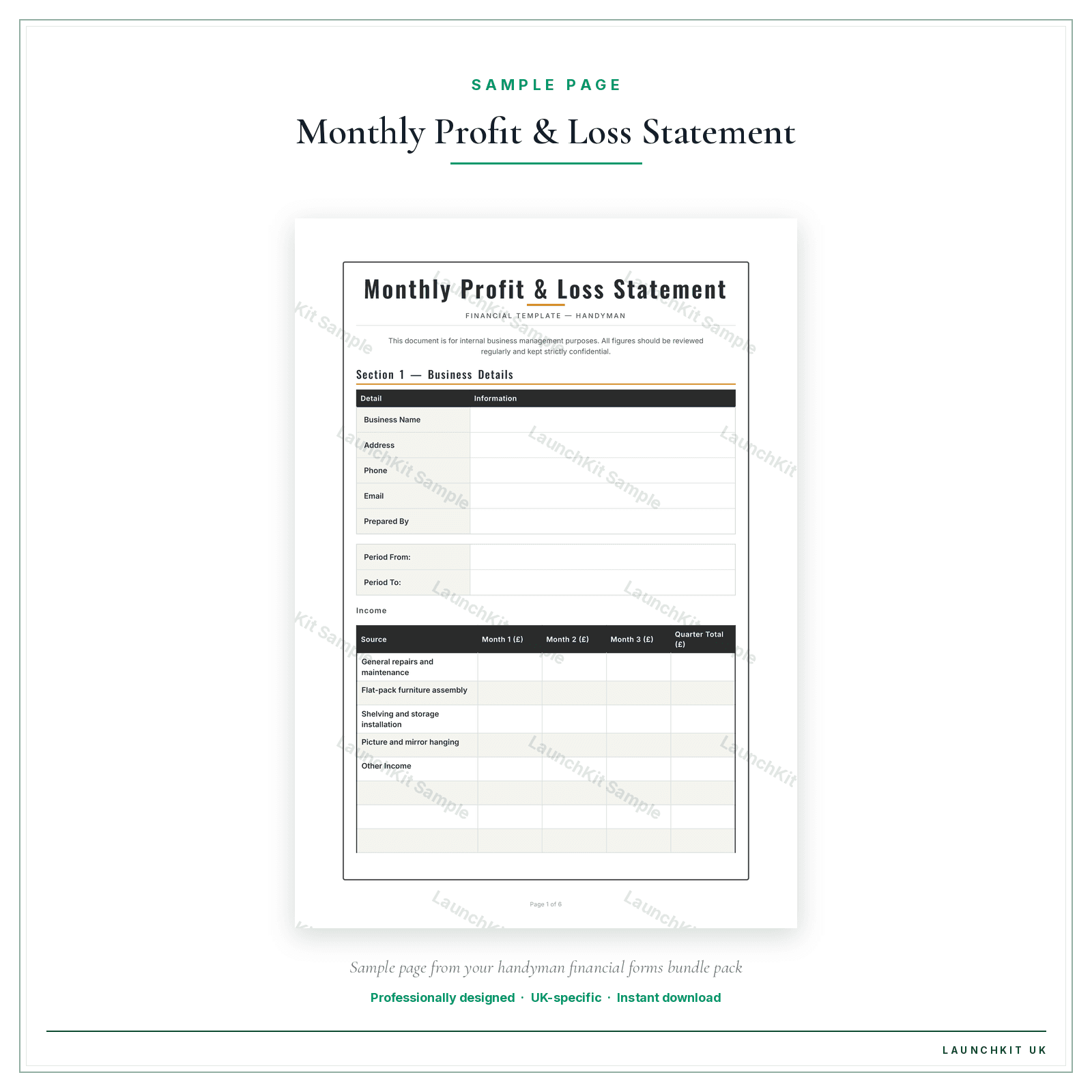 Monthly Profit & Loss Statement sample page from the Handyman Financial Forms Bundle — Premium pack — watermarked LaunchKit Sample