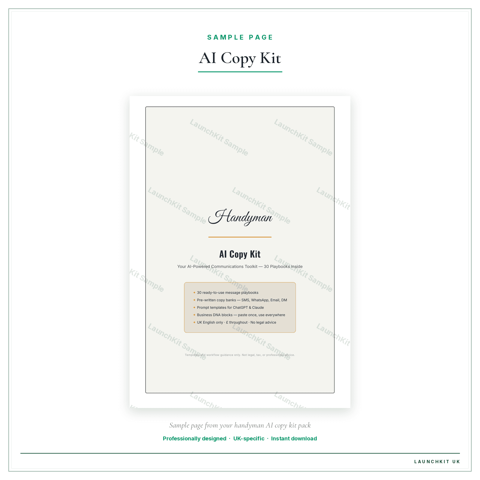 AI Copy Kit sample page from the Handyman AI Copy Kit pack — watermarked LaunchKit Sample