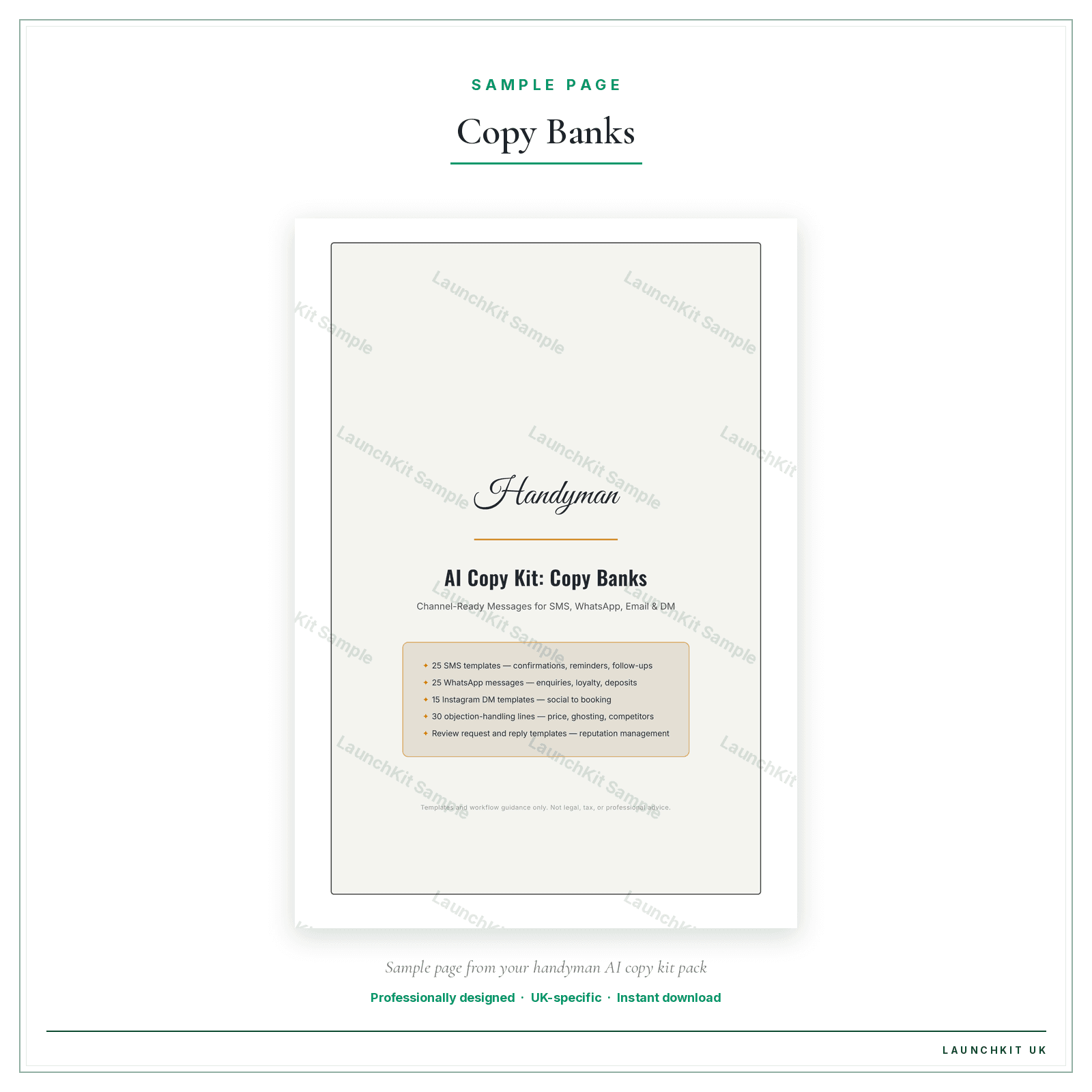 Copy Banks sample page from the Handyman AI Copy Kit pack — watermarked LaunchKit Sample