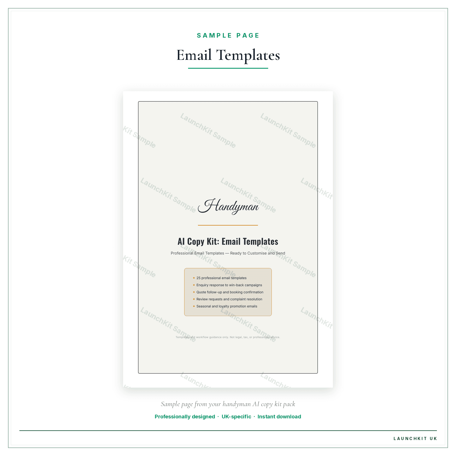 Email Templates sample page from the Handyman AI Copy Kit pack — watermarked LaunchKit Sample
