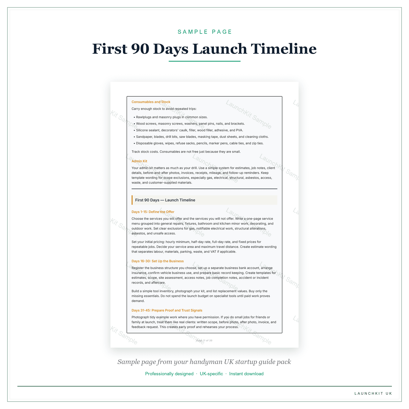 First 90 Days Launch Timeline sample page from the Handyman Startup Guide pack — watermarked LaunchKit Sample