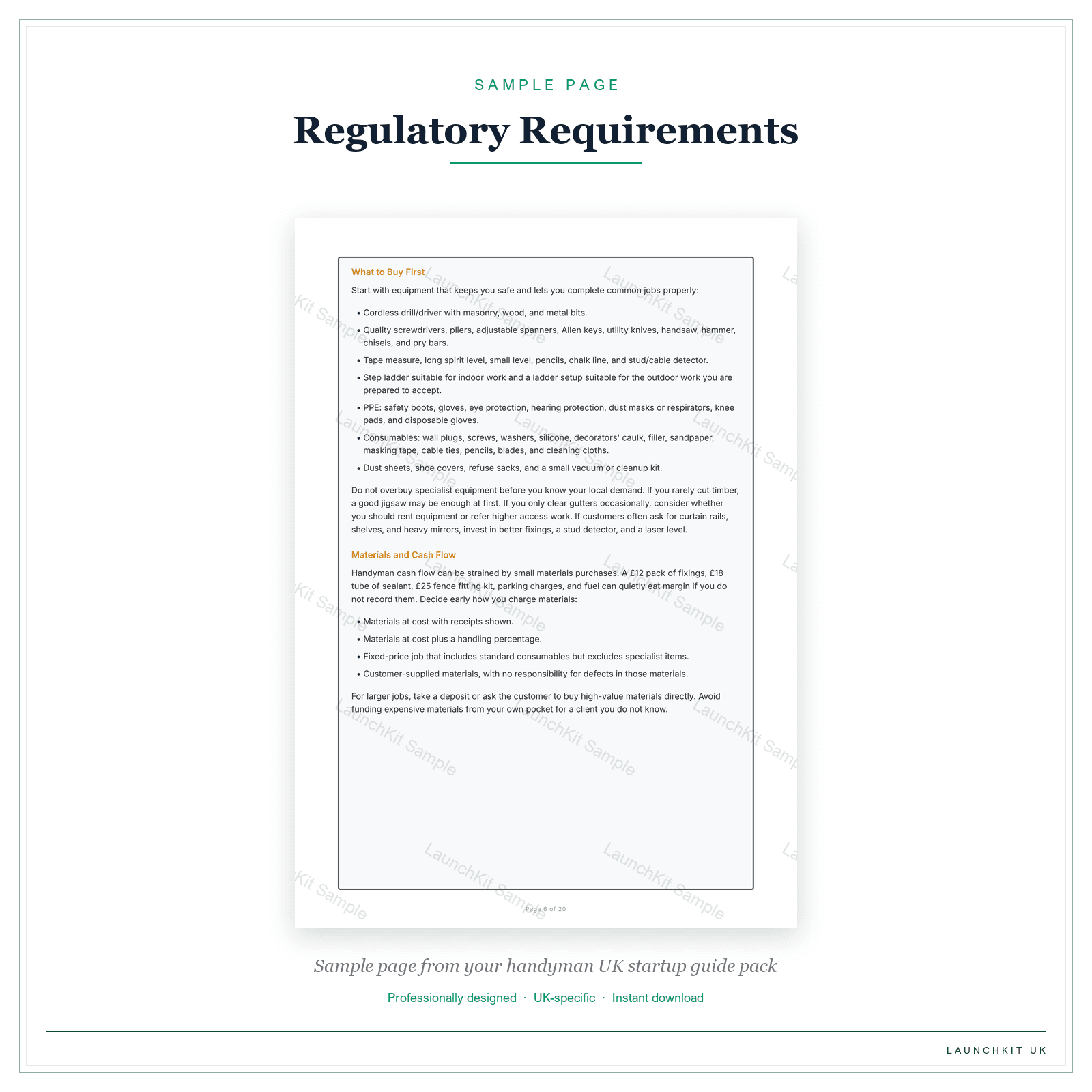 Regulatory Requirements sample page from the Handyman Startup Guide pack — watermarked LaunchKit Sample