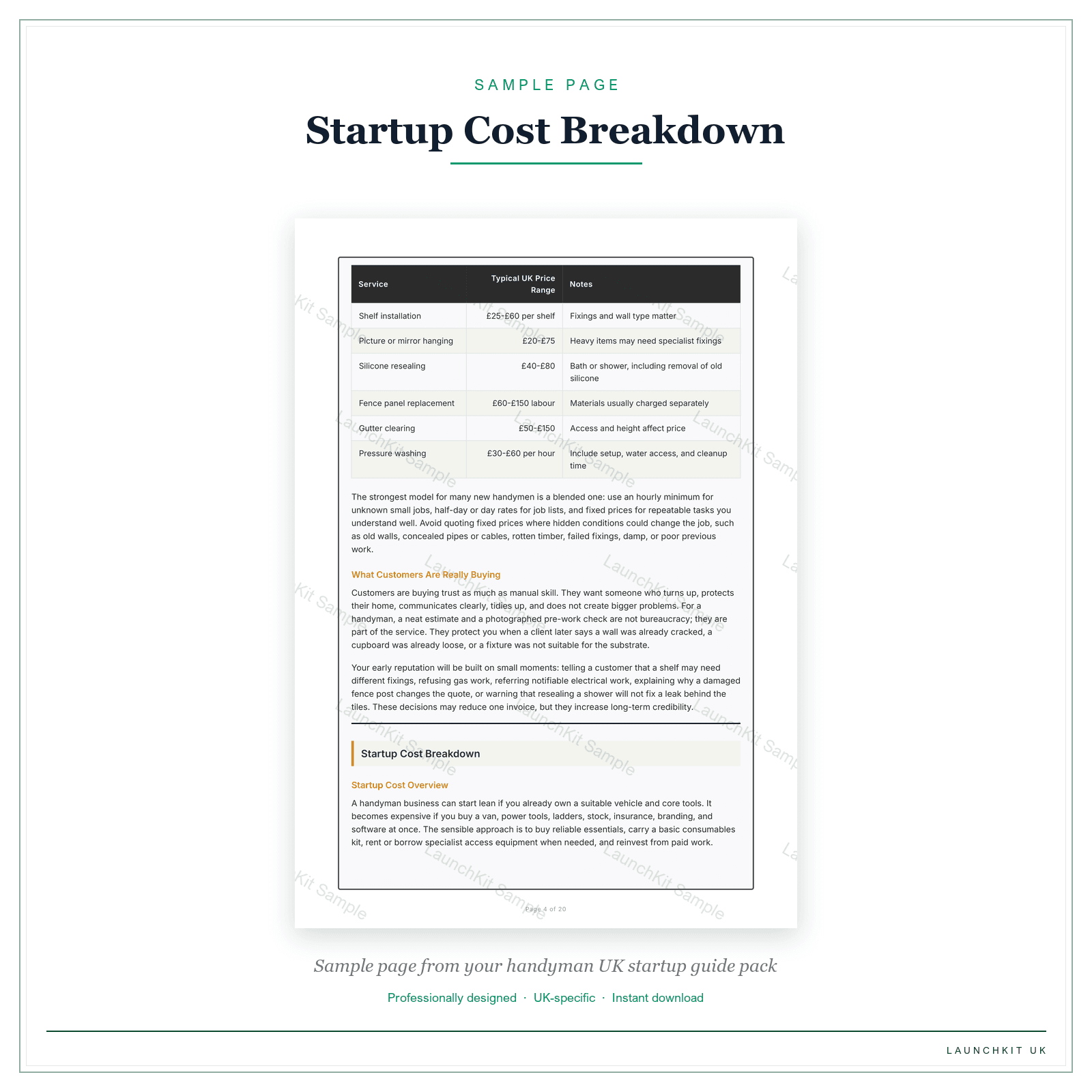 Startup Cost Breakdown sample page from the Handyman Startup Guide pack — watermarked LaunchKit Sample