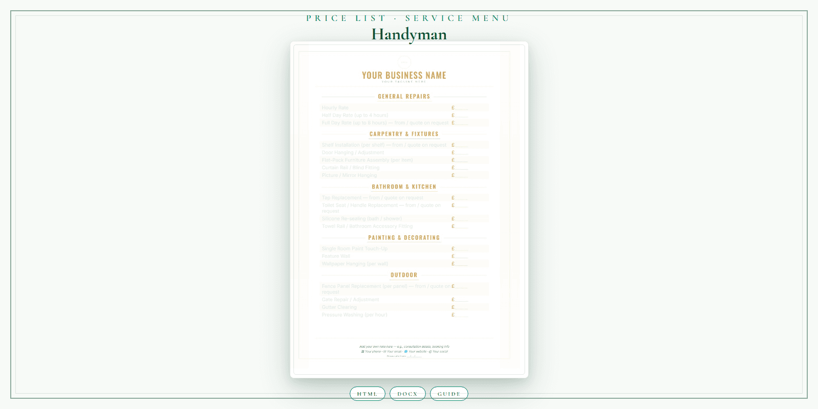 Handyman — Price List & Service Menu, PDF product overview