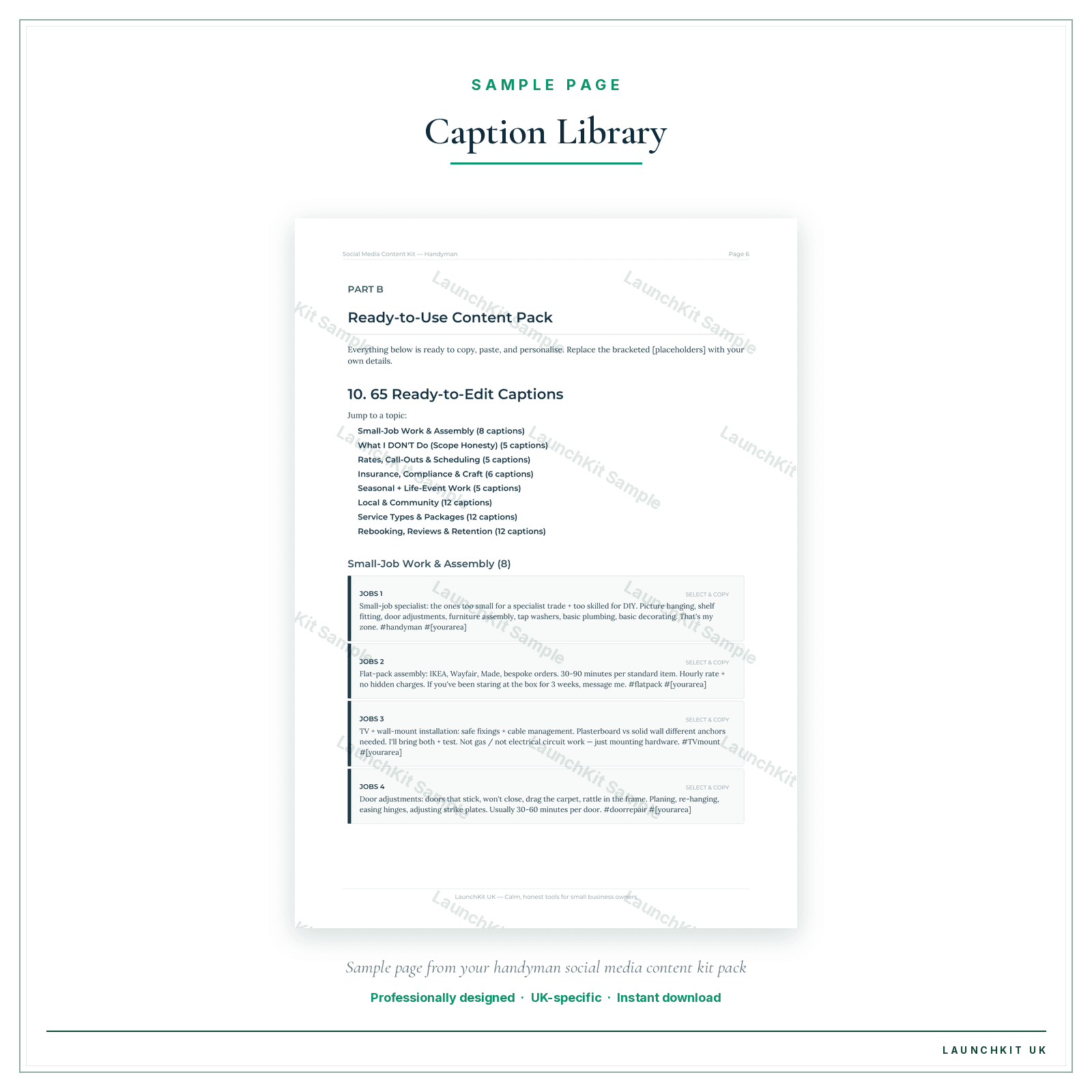 Caption Library sample page from the Handyman Social Media Content Kit pack — watermarked LaunchKit Sample