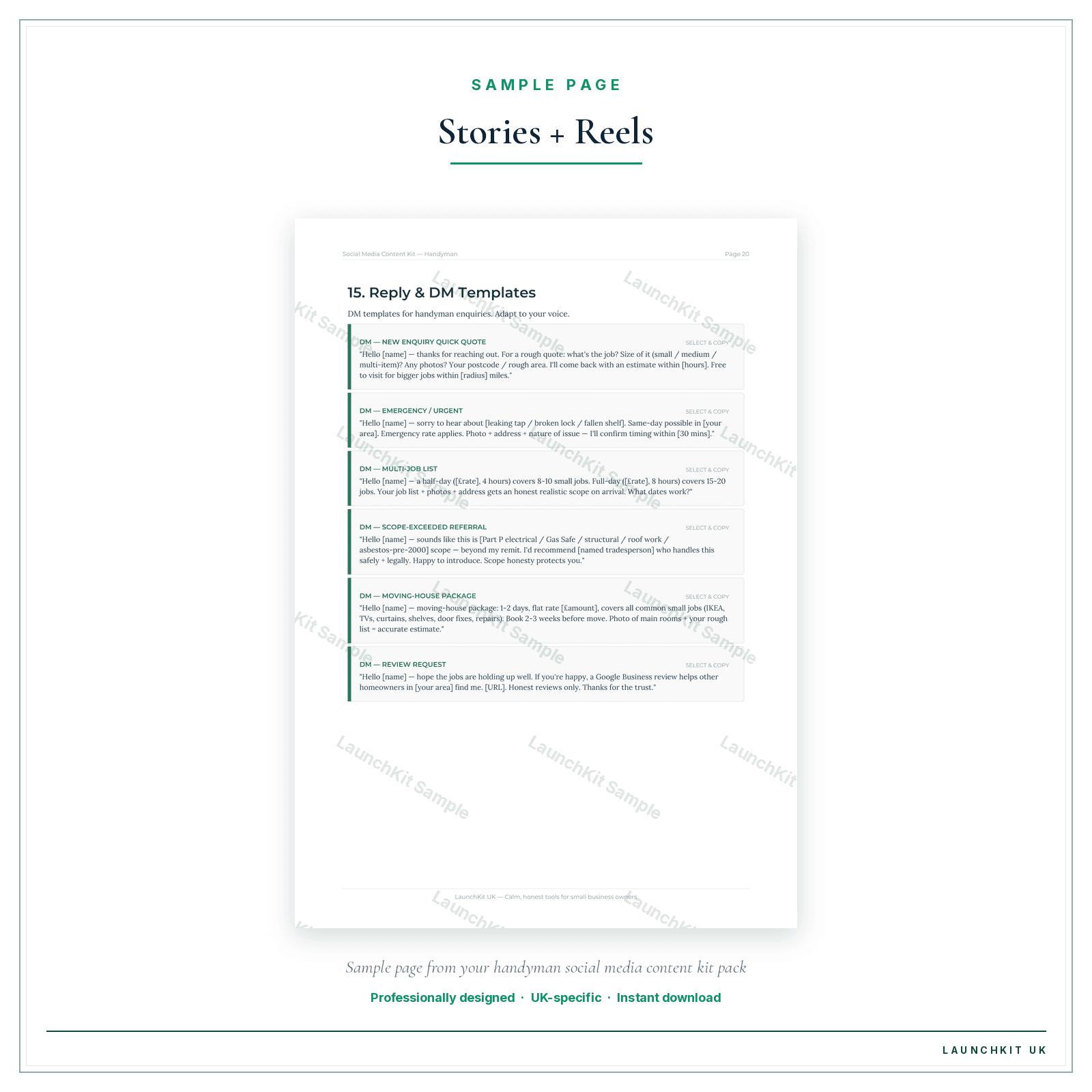 Stories + Reels sample page from the Handyman Social Media Content Kit pack — watermarked LaunchKit Sample