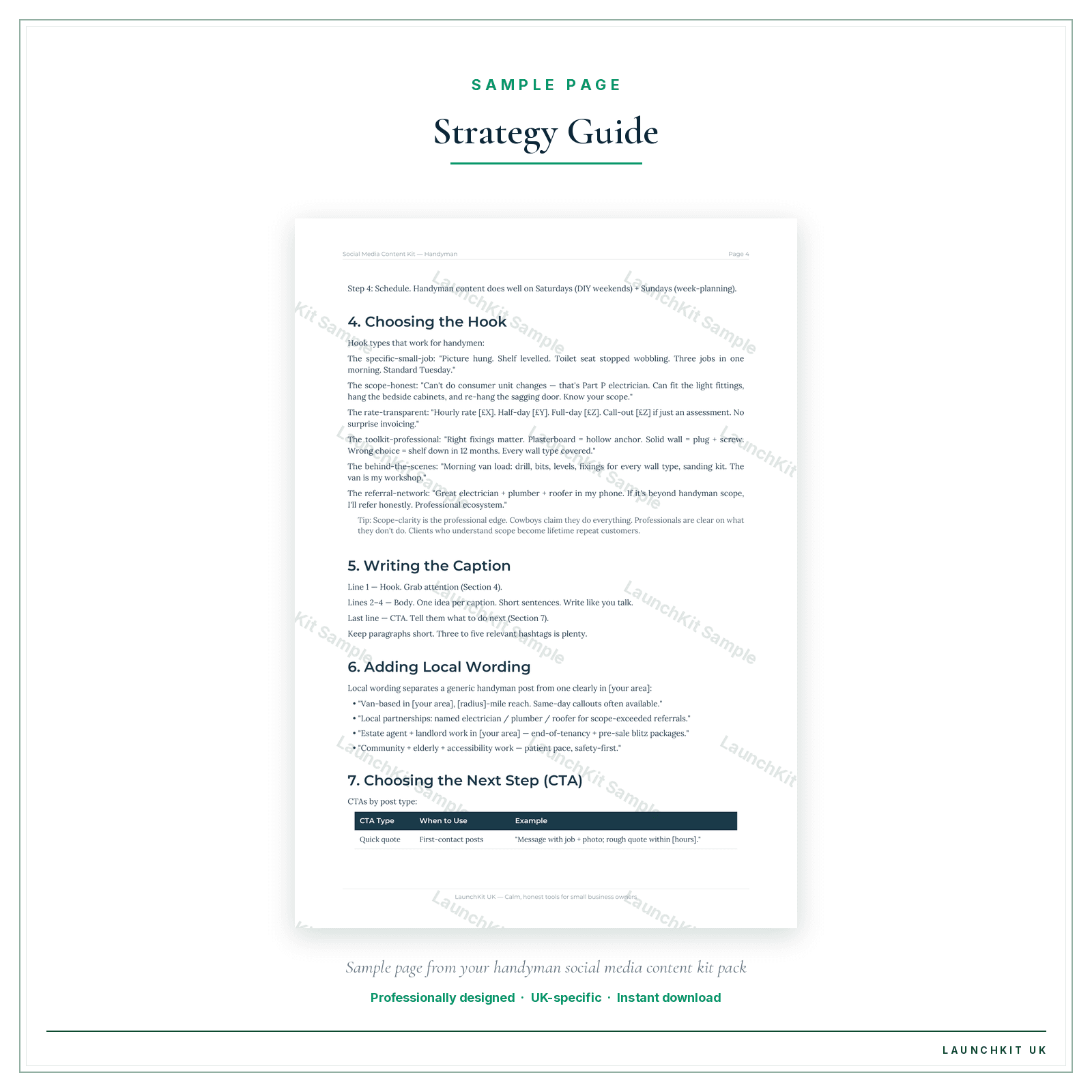 Strategy Guide sample page from the Handyman Social Media Content Kit pack — watermarked LaunchKit Sample