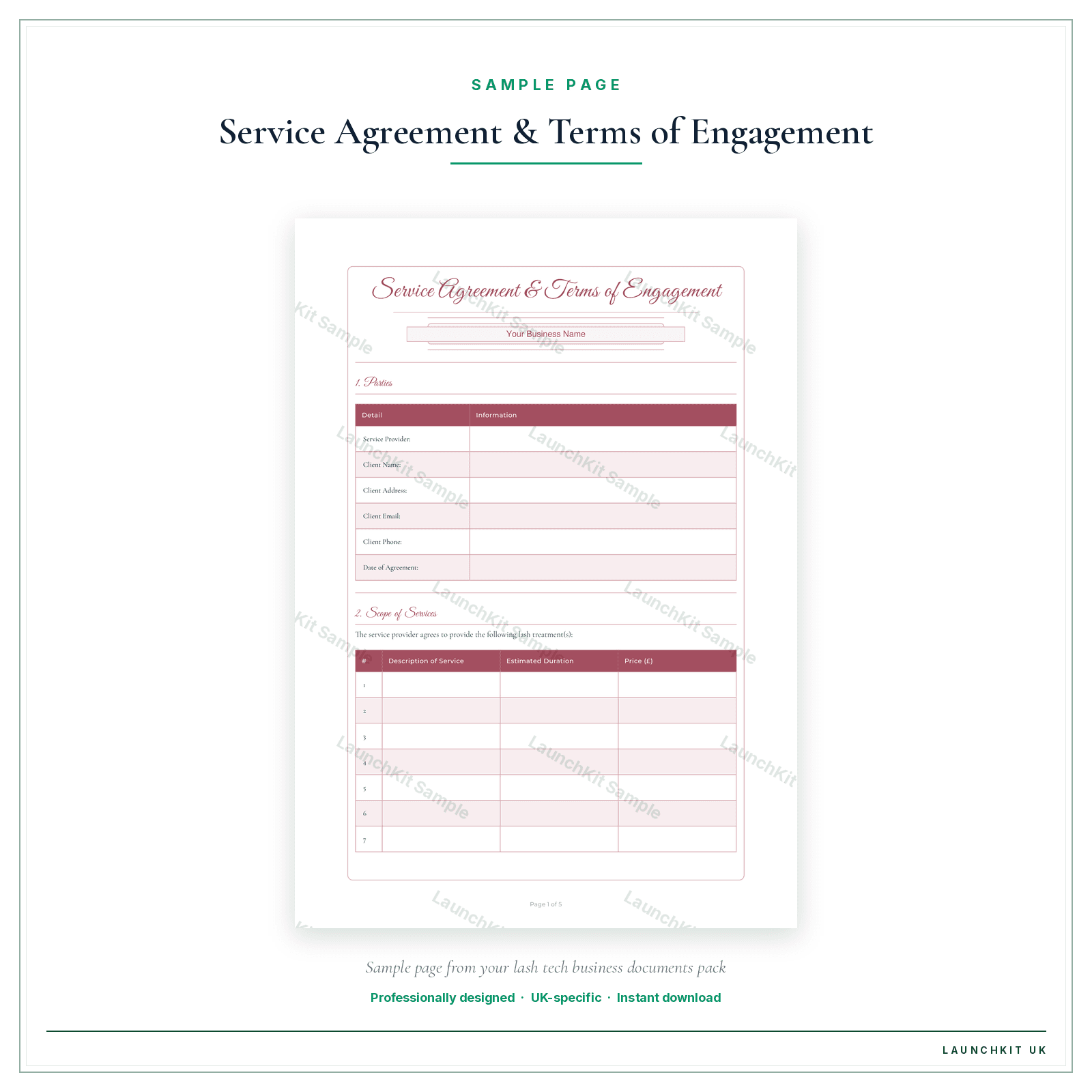 Service Agreement & Terms of Engagement sample page from the Lash Tech Business Documents — Premium pack — watermarked LaunchKit Sample