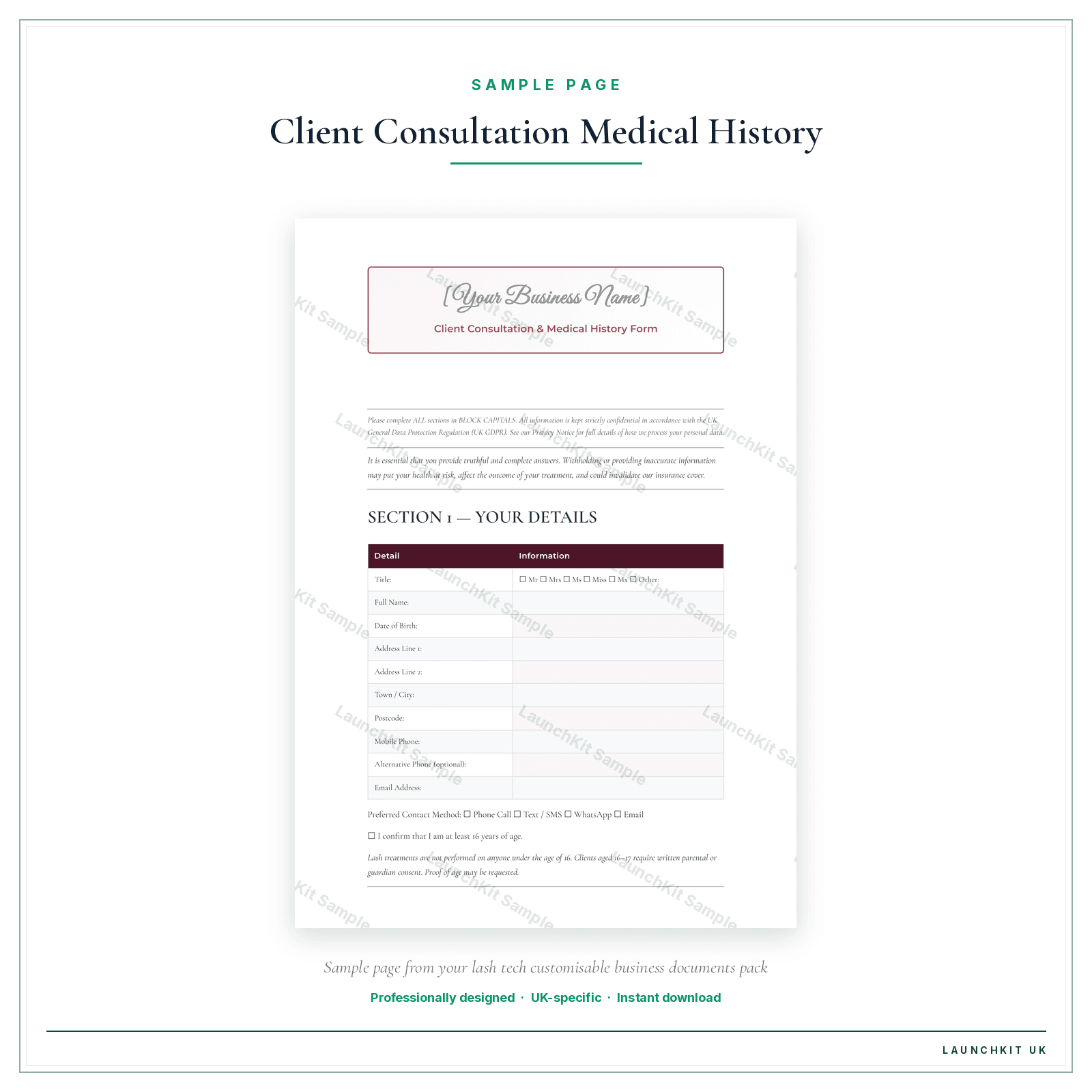 Client Consultation & Medical History Form sample page from the Lash Tech Business Documents — Customisable pack — watermarked LaunchKit Sample