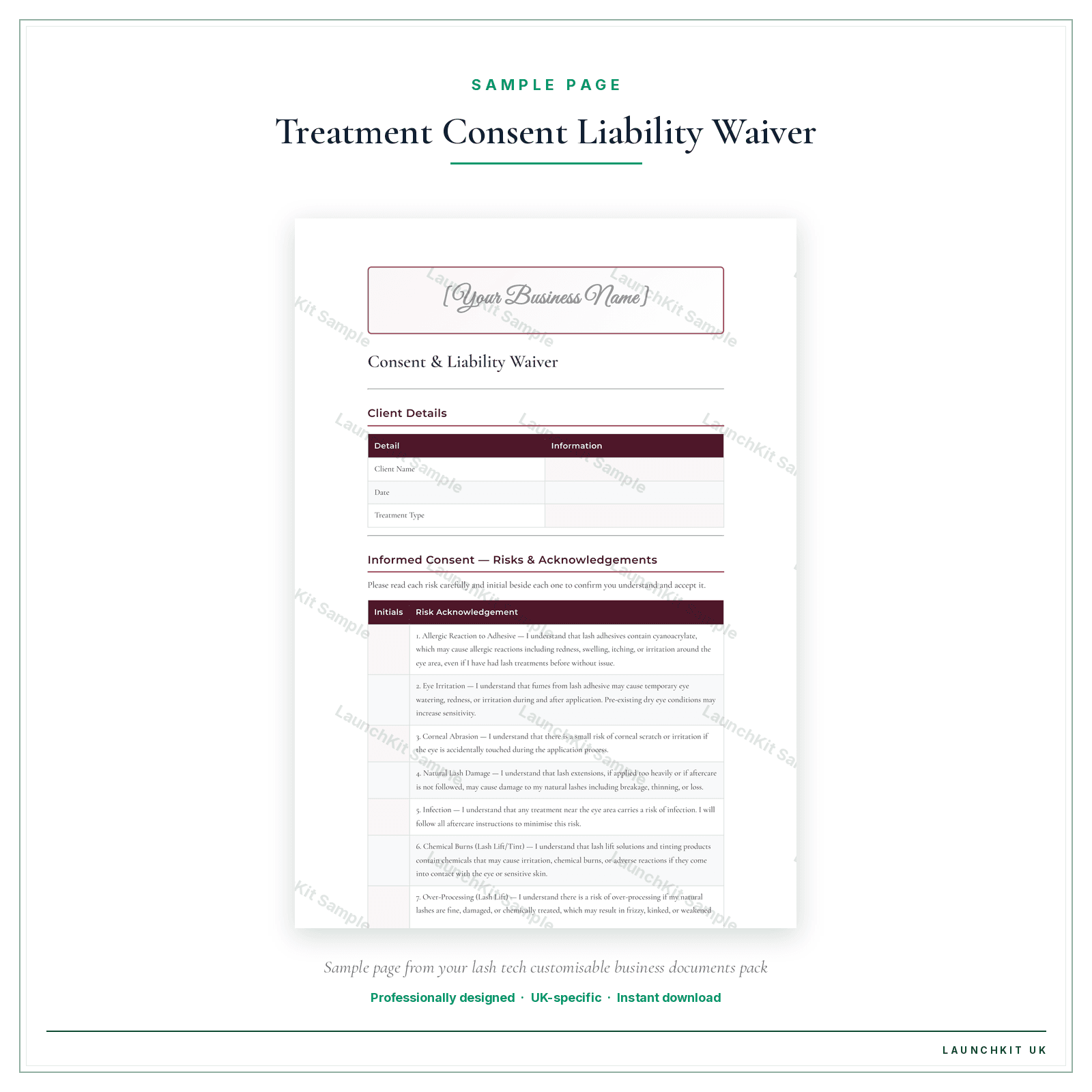 Treatment Consent Liability Waiver sample page from the Lash Tech Business Documents — Customisable pack — watermarked LaunchKit Sample