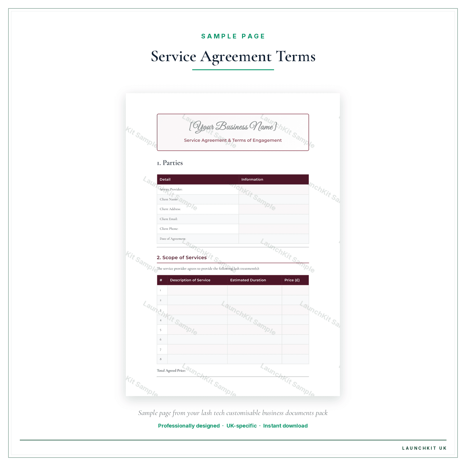Service Agreement & Terms of Engagement sample page from the Lash Tech Business Documents — Customisable pack — watermarked LaunchKit Sample