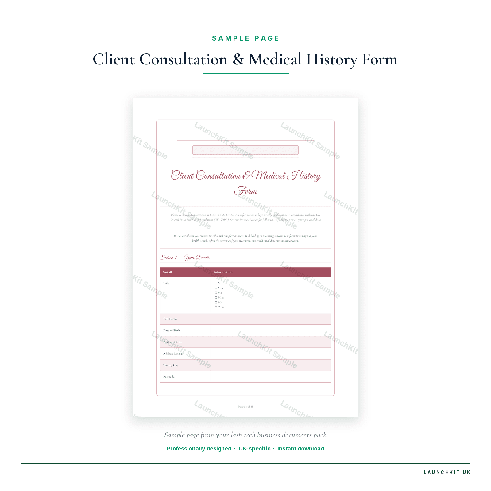 Client Consultation & Medical History Form sample page from the Lash Tech Business Documents — Essential pack — watermarked LaunchKit Sample
