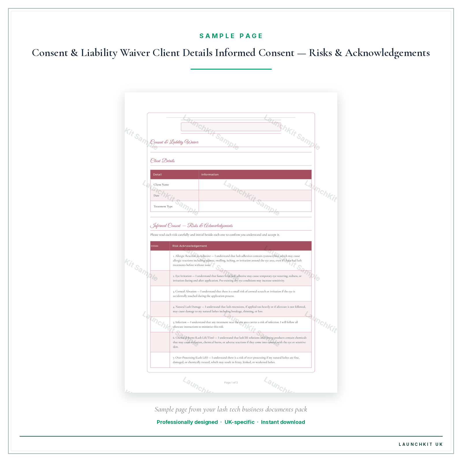 Treatment Consent Liability Waiver sample page from the Lash Tech Business Documents — Essential pack — watermarked LaunchKit Sample