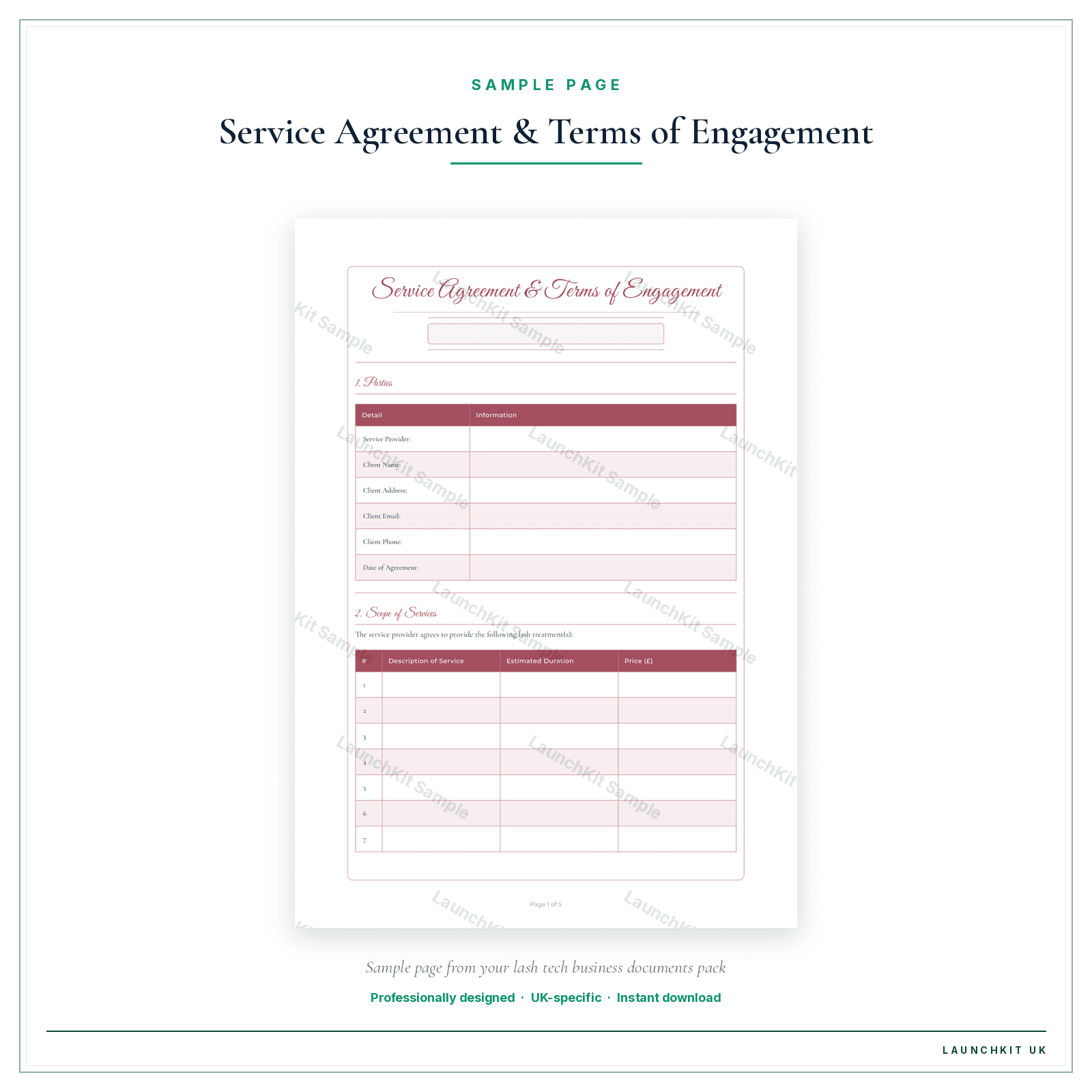 Service Agreement & Terms of Engagement sample page from the Lash Tech Business Documents — Essential pack — watermarked LaunchKit Sample