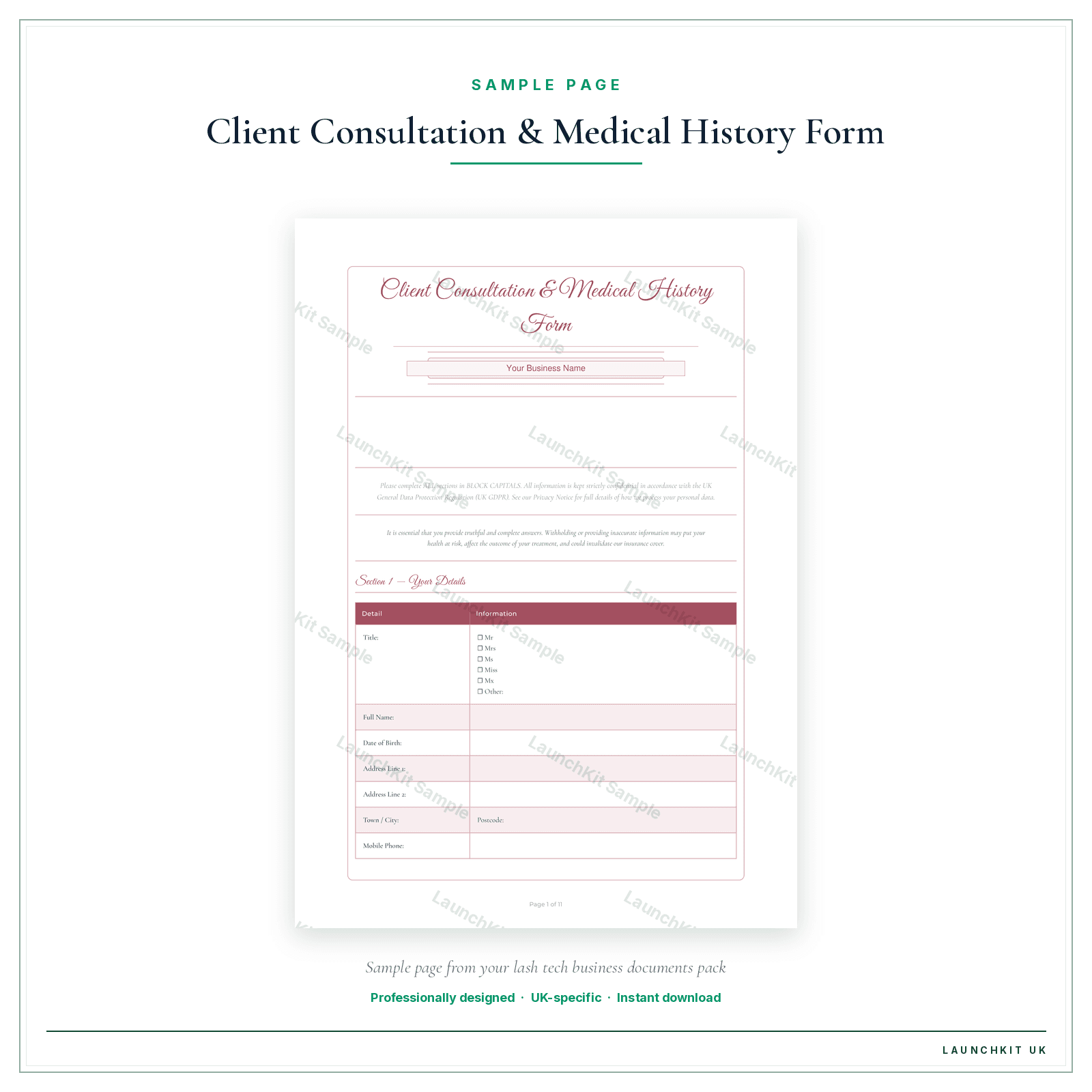 Client Consultation & Medical History Form sample page from the Lash Tech Business Documents — Standard pack — watermarked LaunchKit Sample