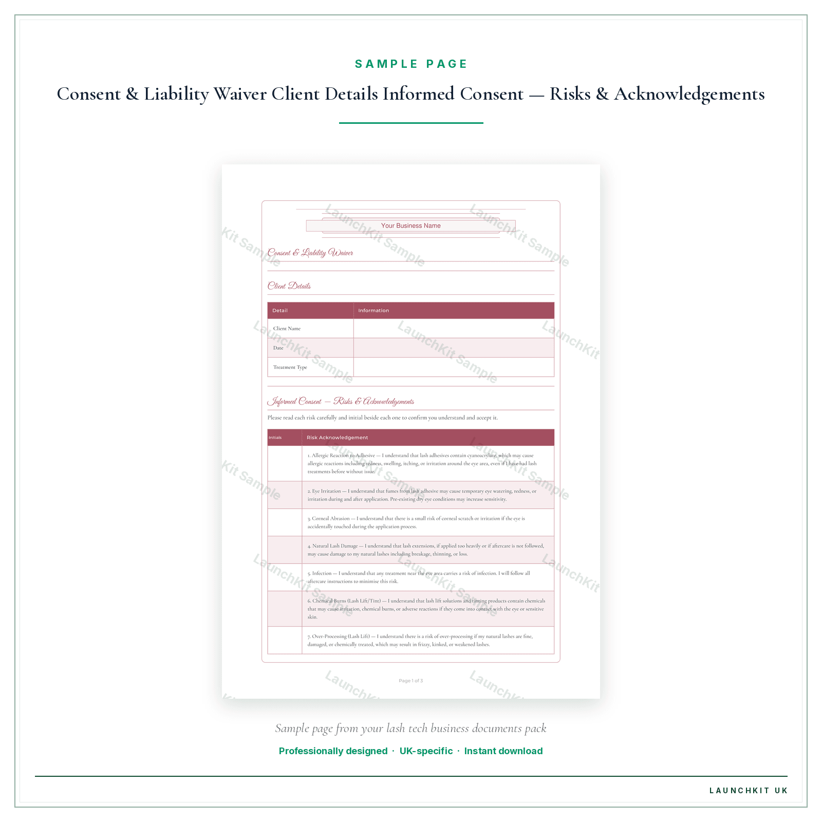 Treatment Consent Liability Waiver sample page from the Lash Tech Business Documents — Standard pack — watermarked LaunchKit Sample