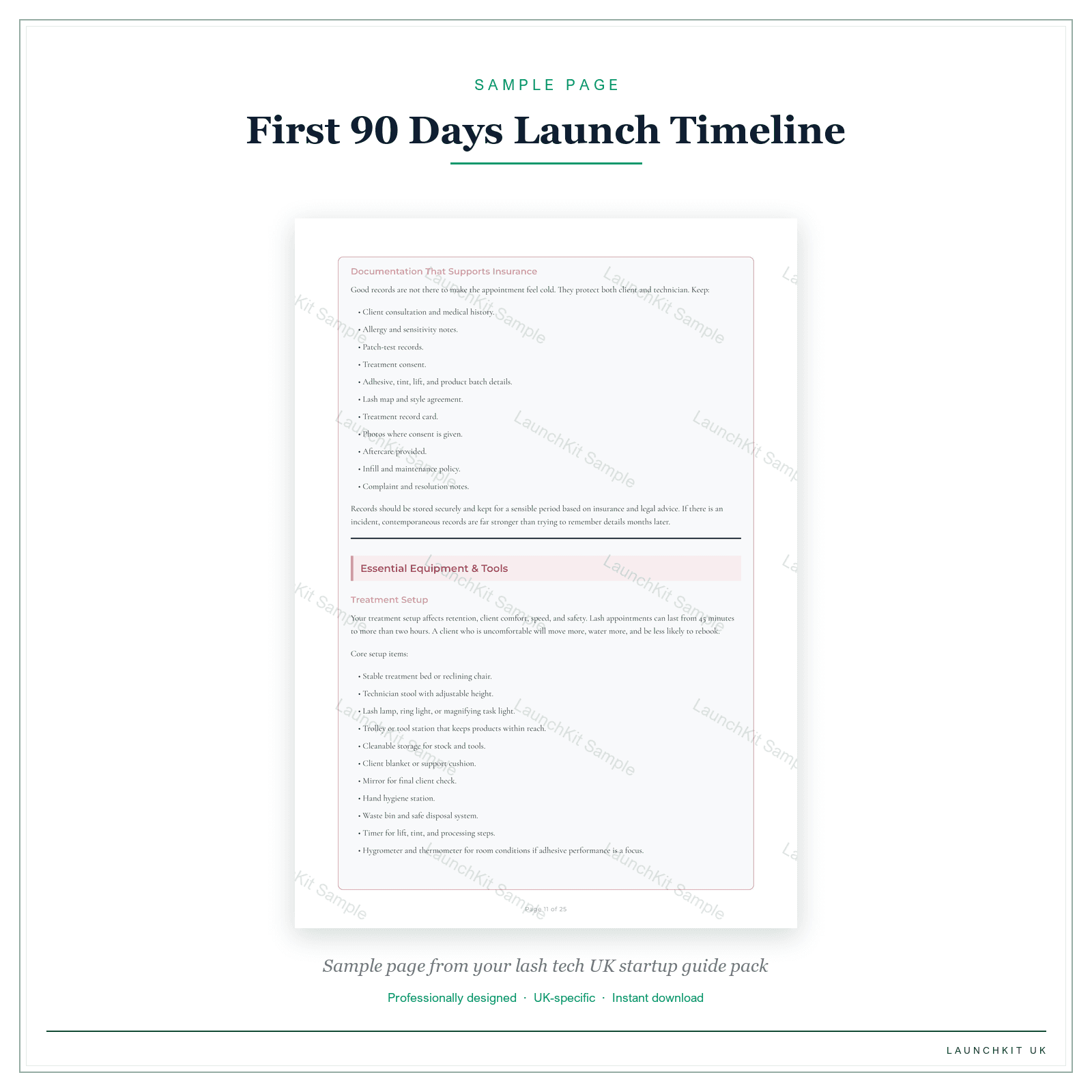 First 90 Days Launch Timeline sample page from the Lash Tech Startup Guide pack — watermarked LaunchKit Sample