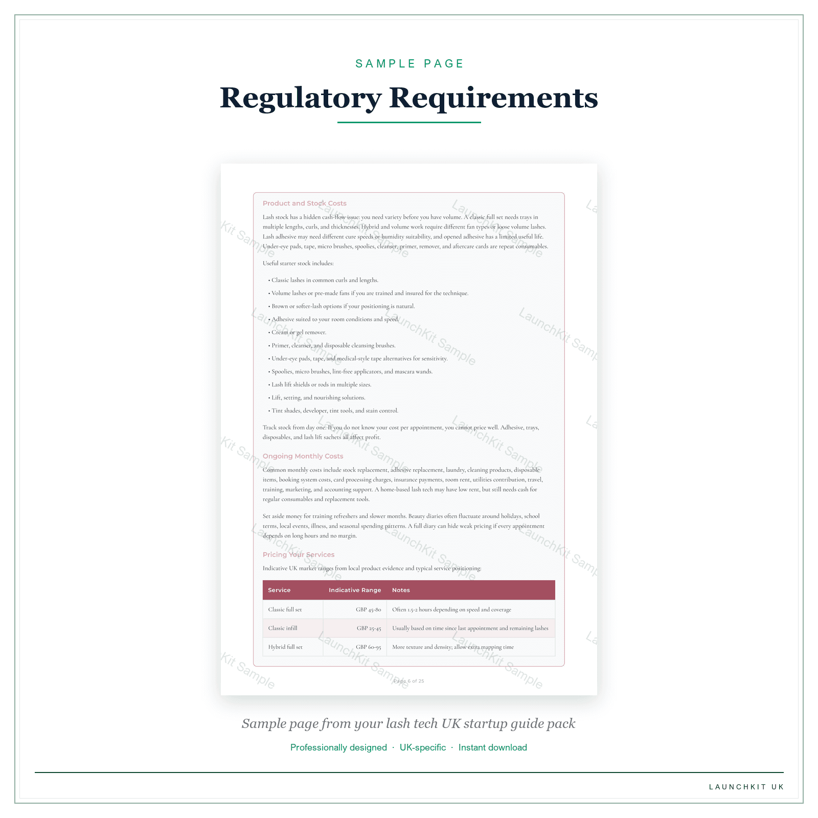 Regulatory Requirements sample page from the Lash Tech Startup Guide pack — watermarked LaunchKit Sample