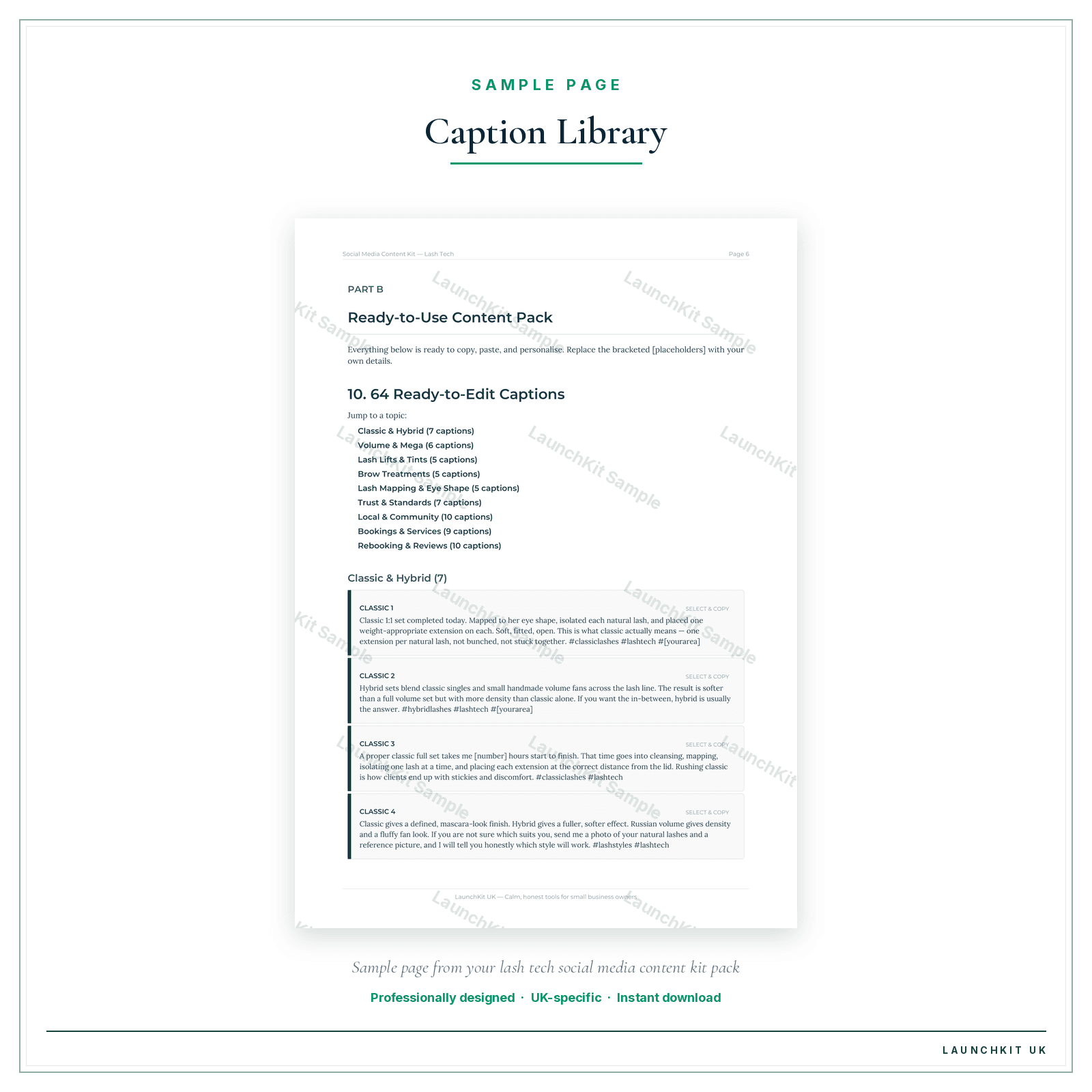 Caption Library sample page from the Lash Tech Social Media Content Kit pack — watermarked LaunchKit Sample