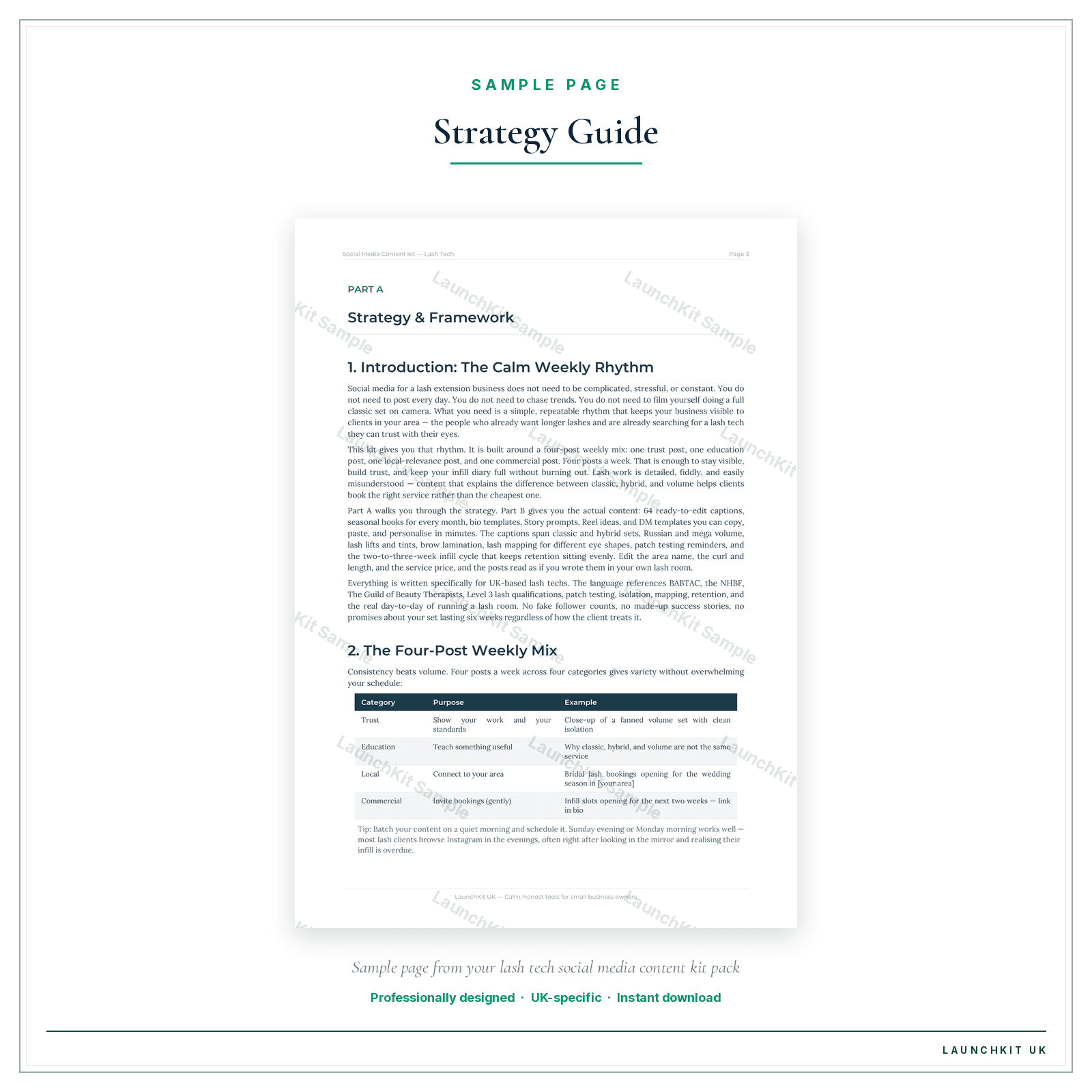 Strategy Guide sample page from the Lash Tech Social Media Content Kit pack — watermarked LaunchKit Sample