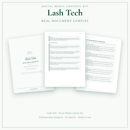 Lash Tech — Social Media Content Kit, PDF and editable DOCX sample pages