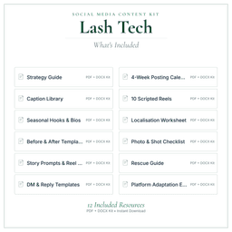 Lash Tech — Social Media Content Kit, PDF and editable DOCX what's included preview