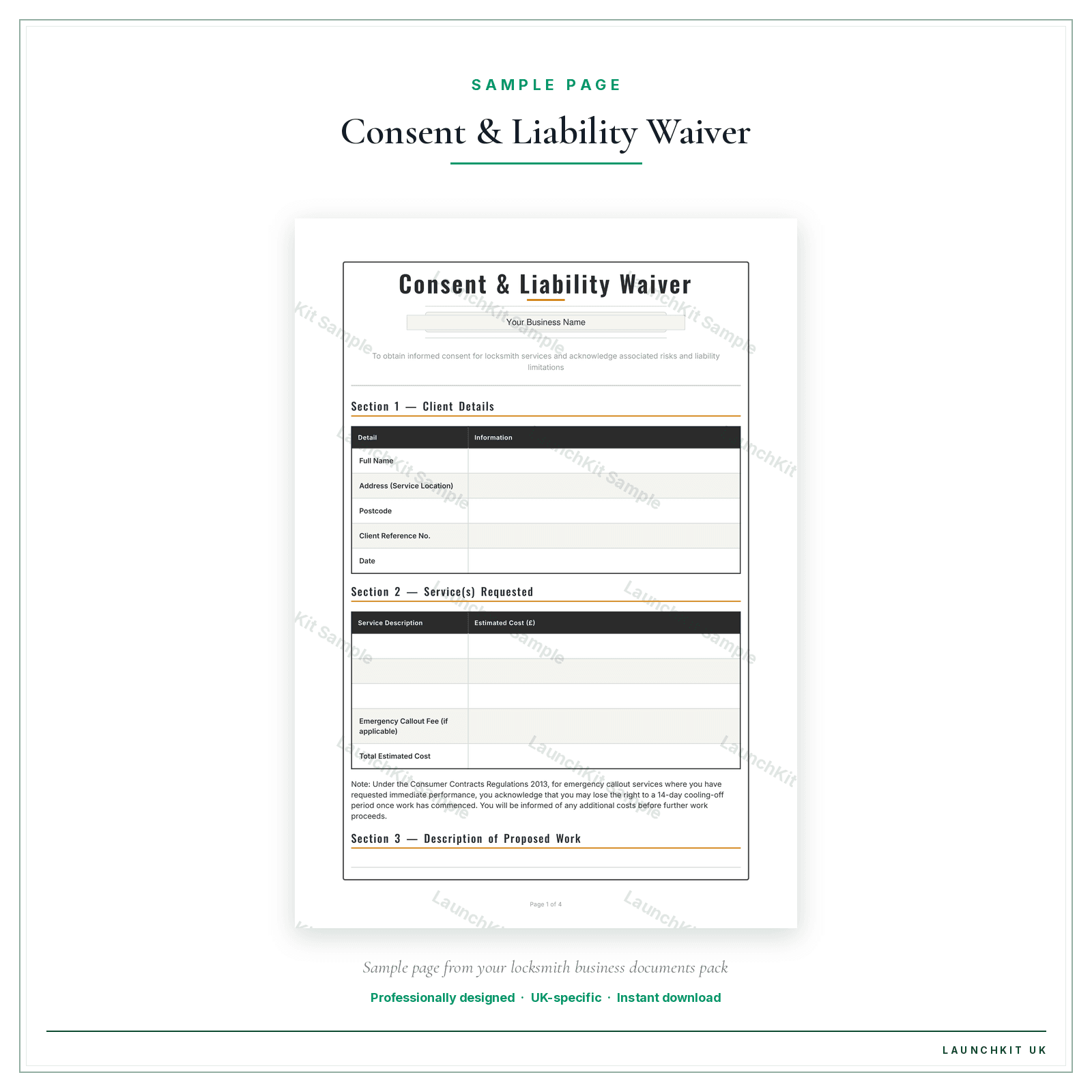 Consent & Liability Waiver sample page from the Locksmith Business Documents — Premium pack — watermarked LaunchKit Sample