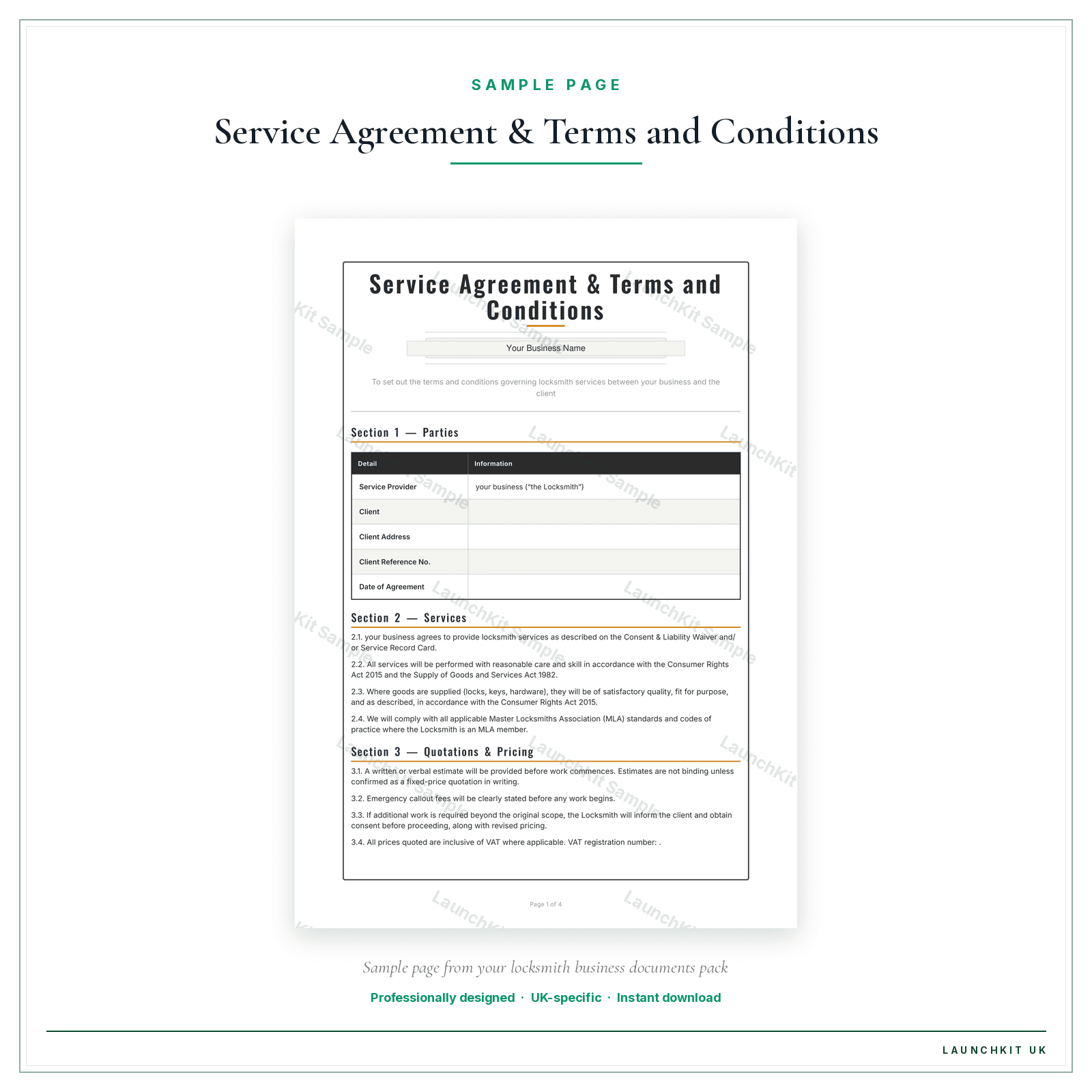 Service Agreement & Terms and Conditions sample page from the Locksmith Business Documents — Premium pack — watermarked LaunchKit Sample