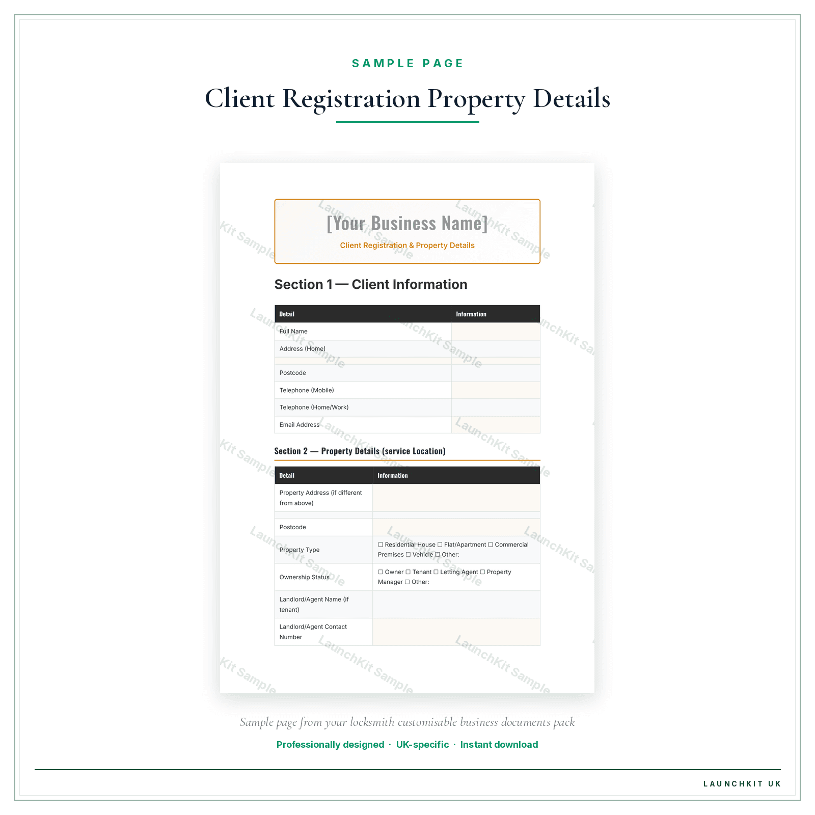 Client Registration & Property Details sample page from the Locksmith Business Documents — Customisable pack — watermarked LaunchKit Sample