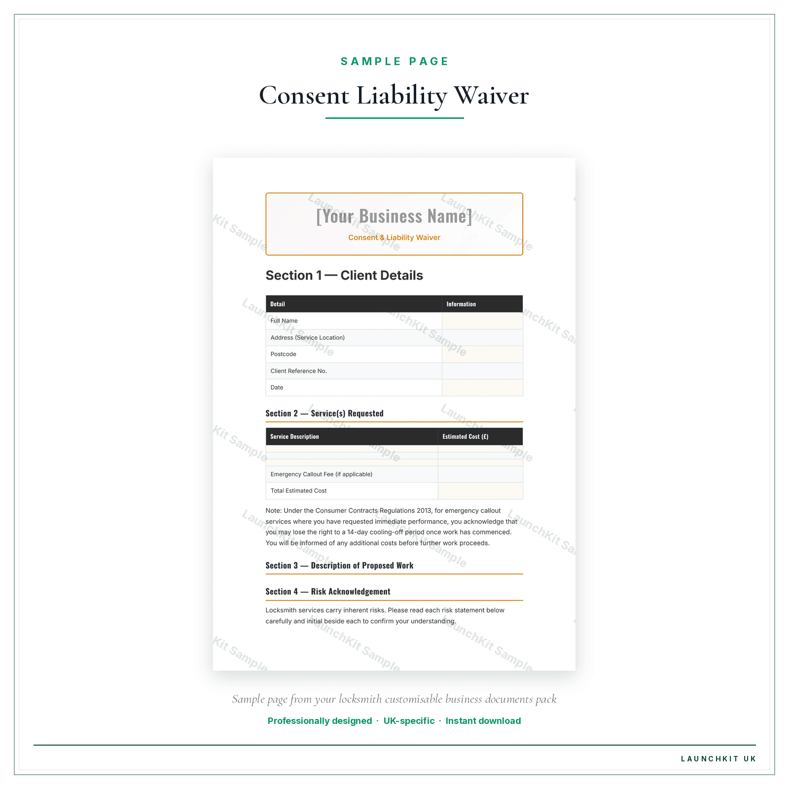 Consent & Liability Waiver sample page from the Locksmith Business Documents — Customisable pack — watermarked LaunchKit Sample