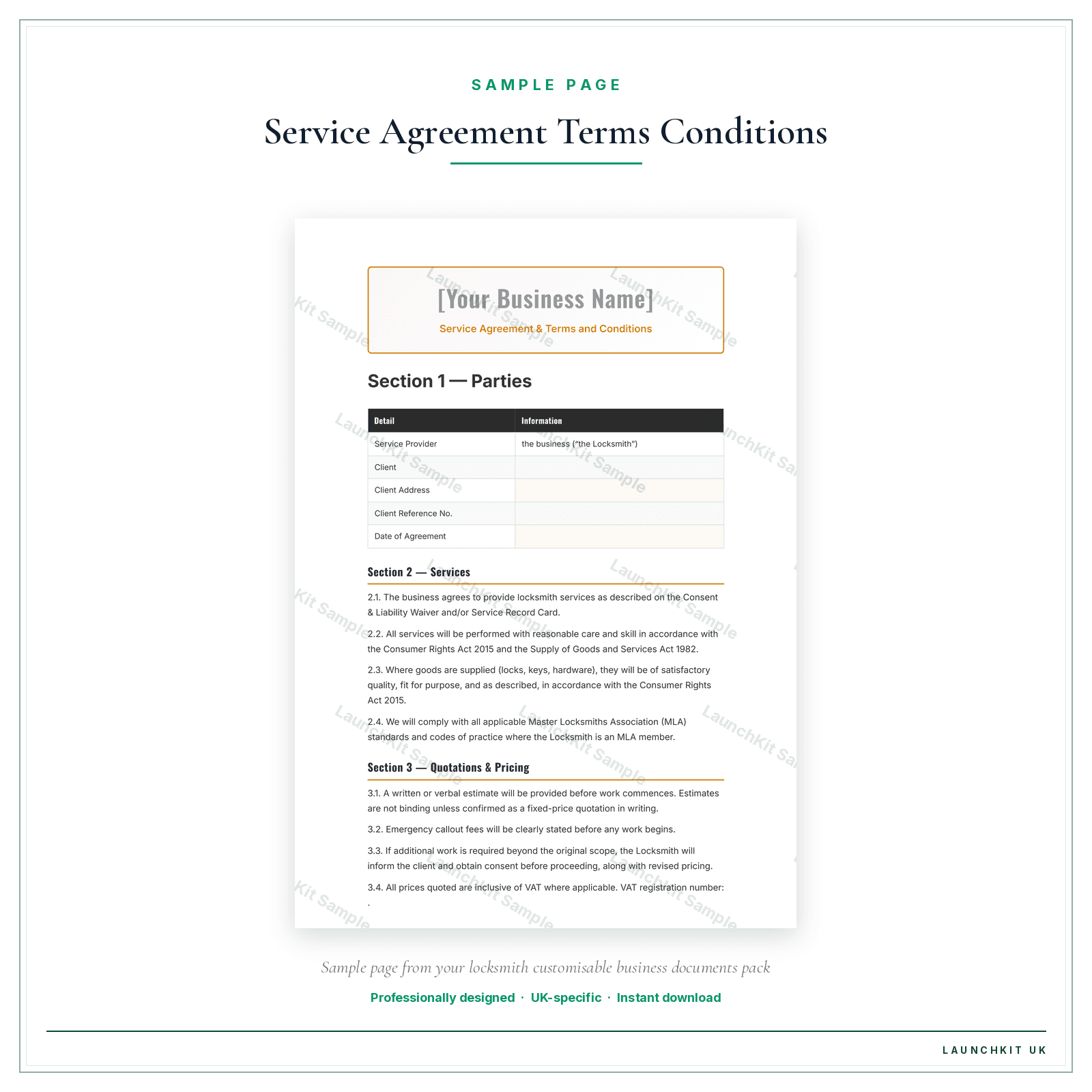 Service Agreement & Terms and Conditions sample page from the Locksmith Business Documents — Customisable pack — watermarked LaunchKit Sample