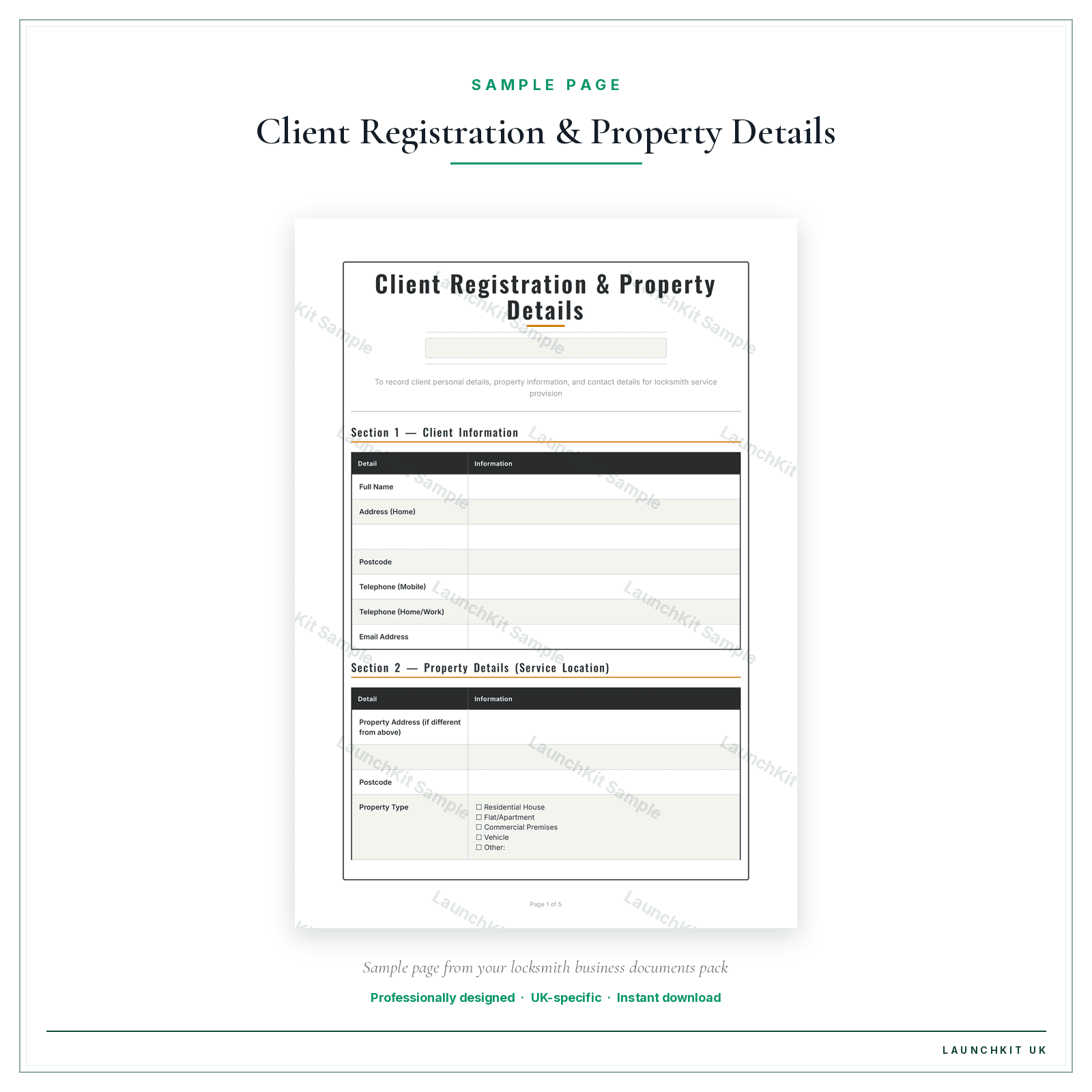 Client Registration & Property Details sample page from the Locksmith Business Documents — Essential pack — watermarked LaunchKit Sample