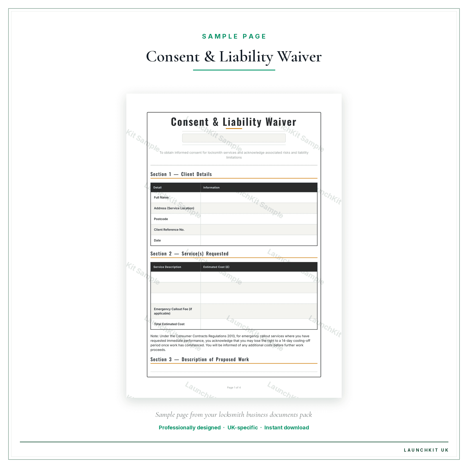 Consent & Liability Waiver sample page from the Locksmith Business Documents — Essential pack — watermarked LaunchKit Sample